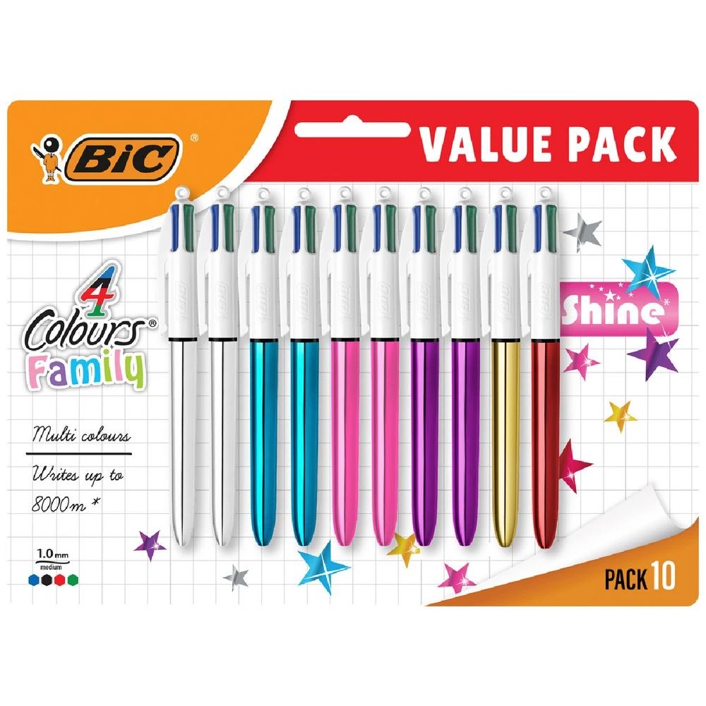 1 BIC 4 Colours Shine Ballpoint Pens Assorted 10 Pack, 1 of 2