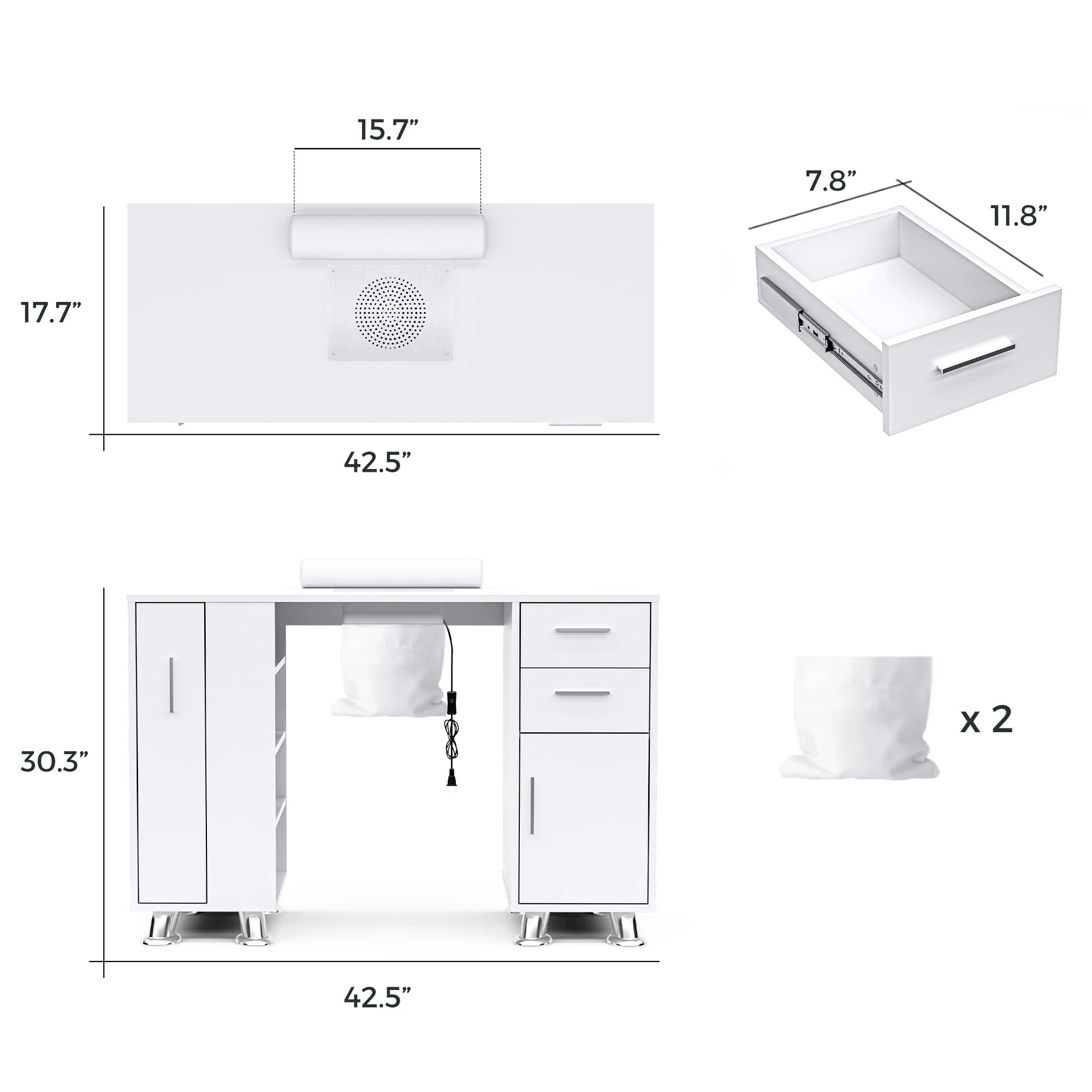 3 Advwin Manicure Table Nail Tech Desk Dressing Table Dust Collector Drawers Cabinet Storage
 - White, 3 of 8