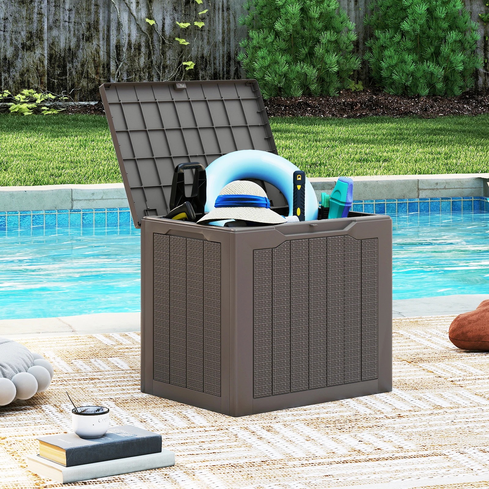 3 Costway 96L Outdoor Storage Box w/Lockable Lid Waterproof Patio Storage Bin - Brown, 3 of 6