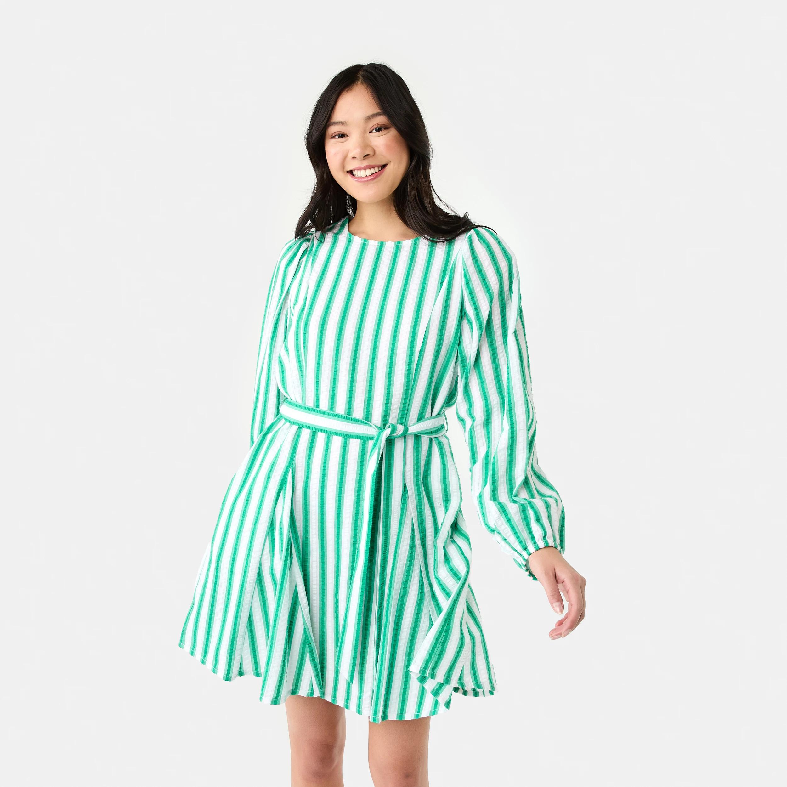 1 Long Balloon Sleeve Crew Neck Mini Dress S Strp Grn, 1 of 9