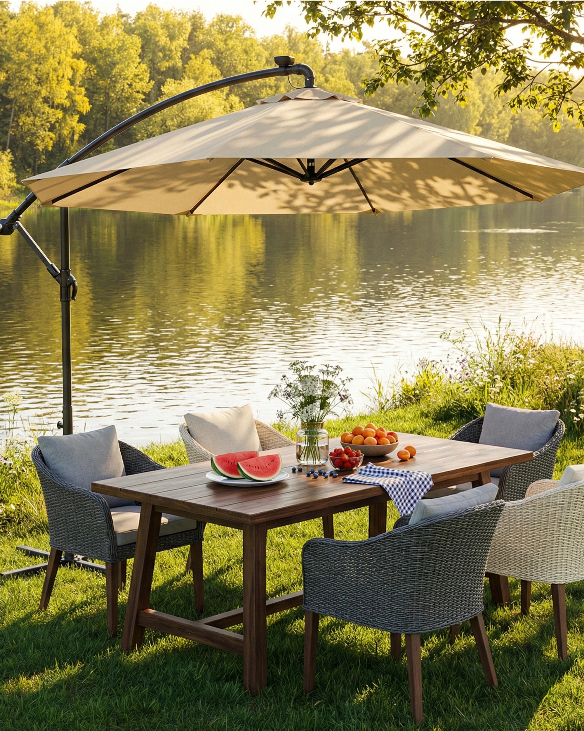 6 Advwin Outdoor Umbrella Cantilever 3m with Solar LED Lights - Beige, 6 of 8