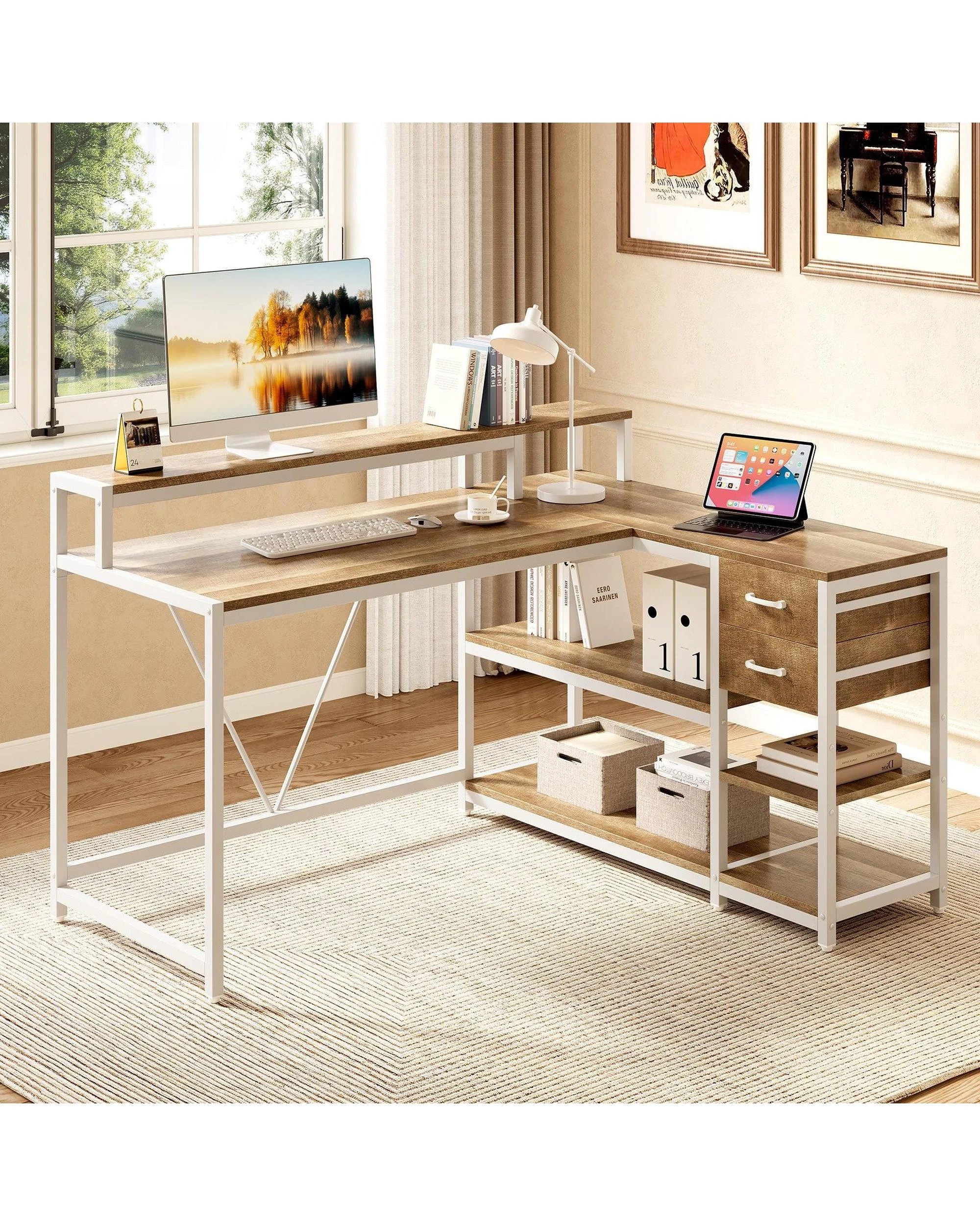 2 OAKORY 140cm L Shaped Reversible Gaming Desk with Drawers Shelves and Monitor Stand Oak and White, 2 of 5