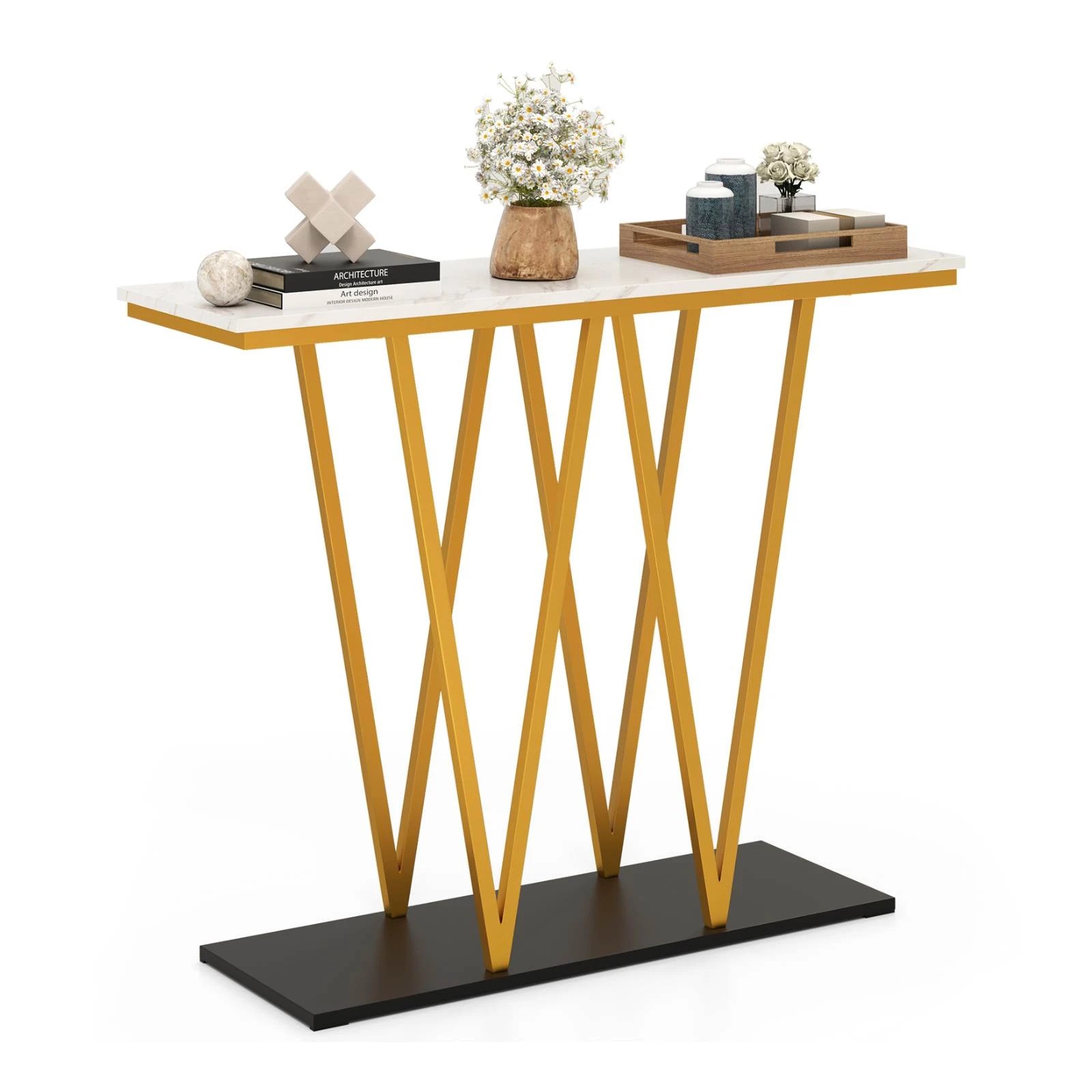 4 Costway Gold Entryway Table 100cm Modern Console Table w/Faux Marble Top, 4 of 4