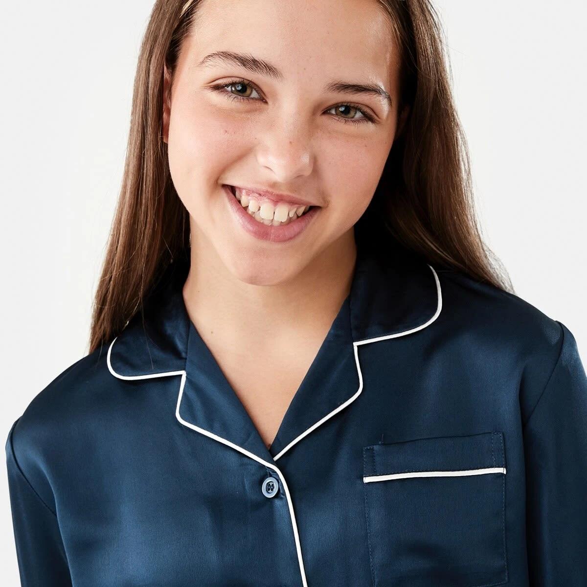 3 Long Sleeve Satin Pyjama Set Dress Navy, 3 of 10