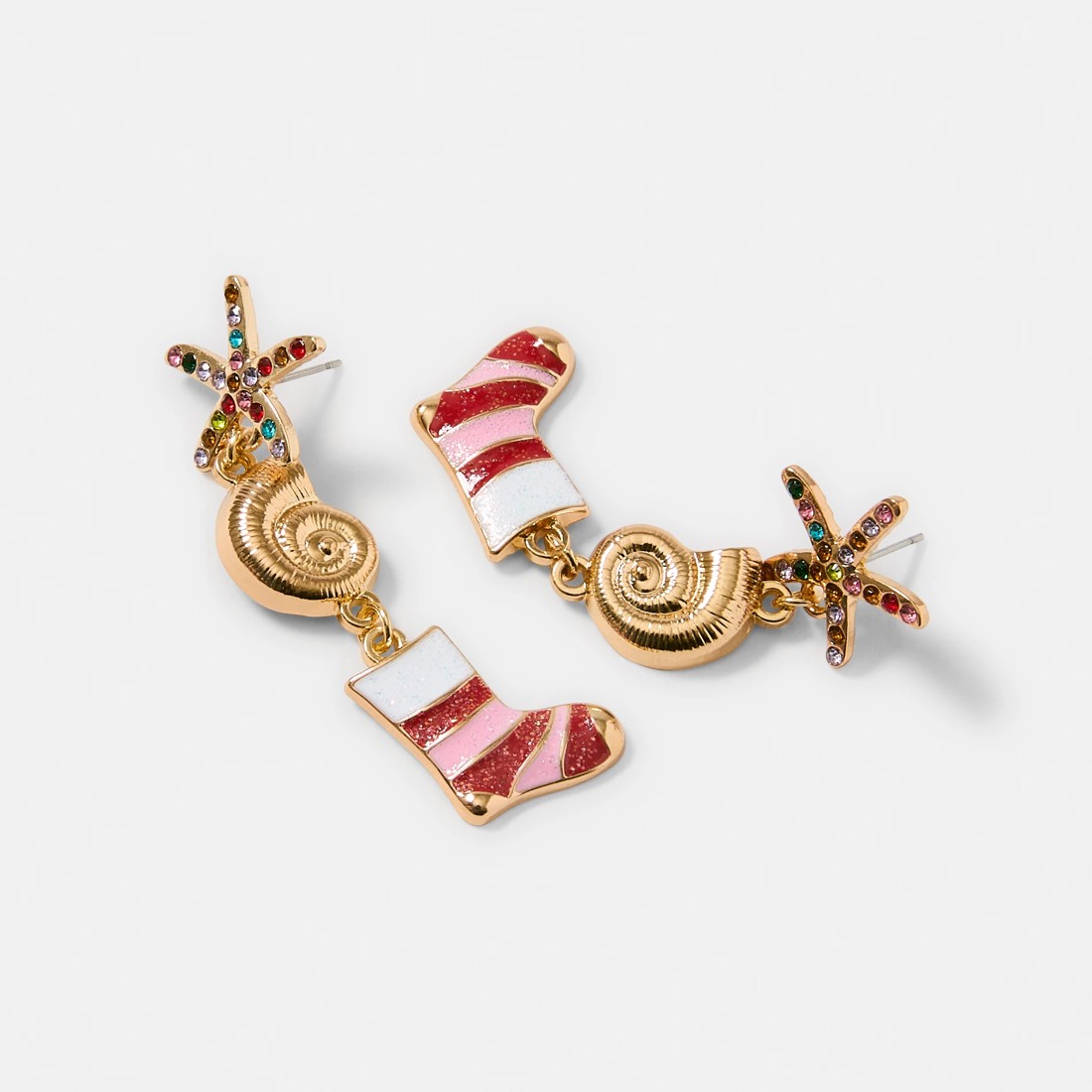 3 Christmas Shells Stocking Earrings - Gold Tone, Red, White and Pink, 3 of 5