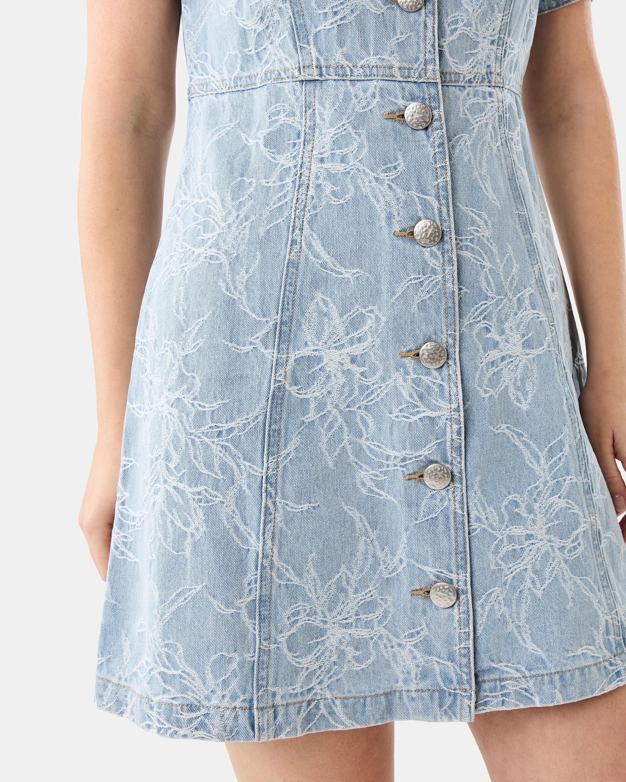 6 Short Sleeve Jacquard Denim Mini Dress Flrl Denim, 6 of 7