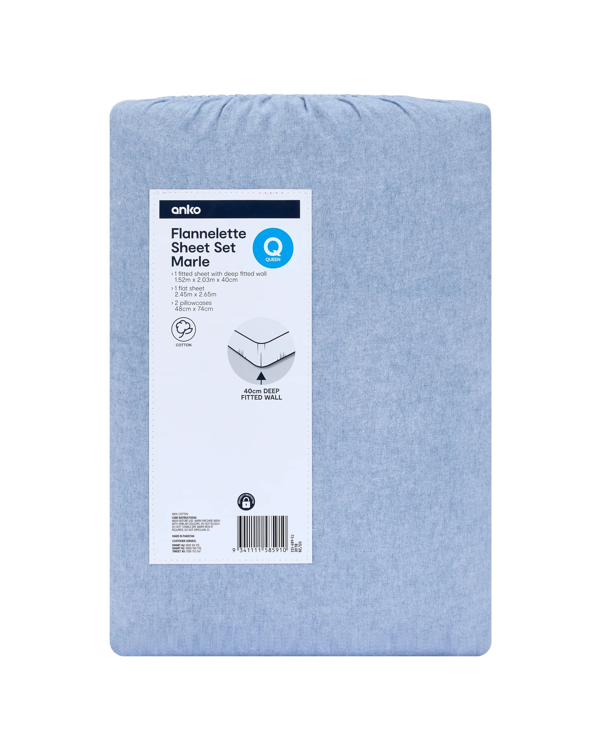 7 Marle Cotton Flannelette Sheet Set - Queen Bed, Blue, 7 of 7