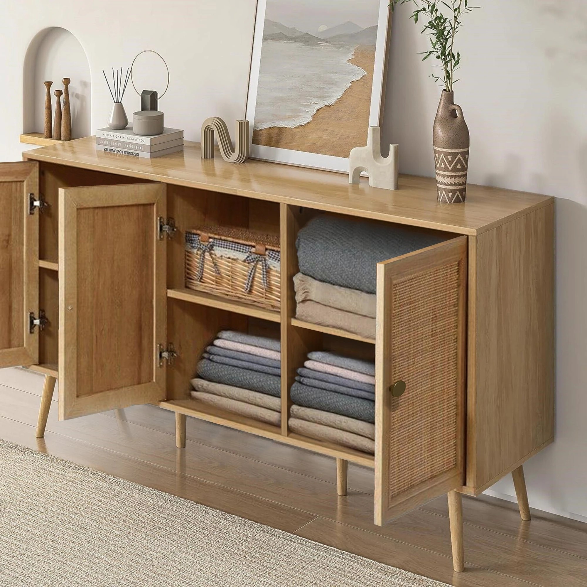 7 Foret Rattan Kitchen Sideboard Cabinet Storage Shelf Organizer Hallway Table, 7 of 10