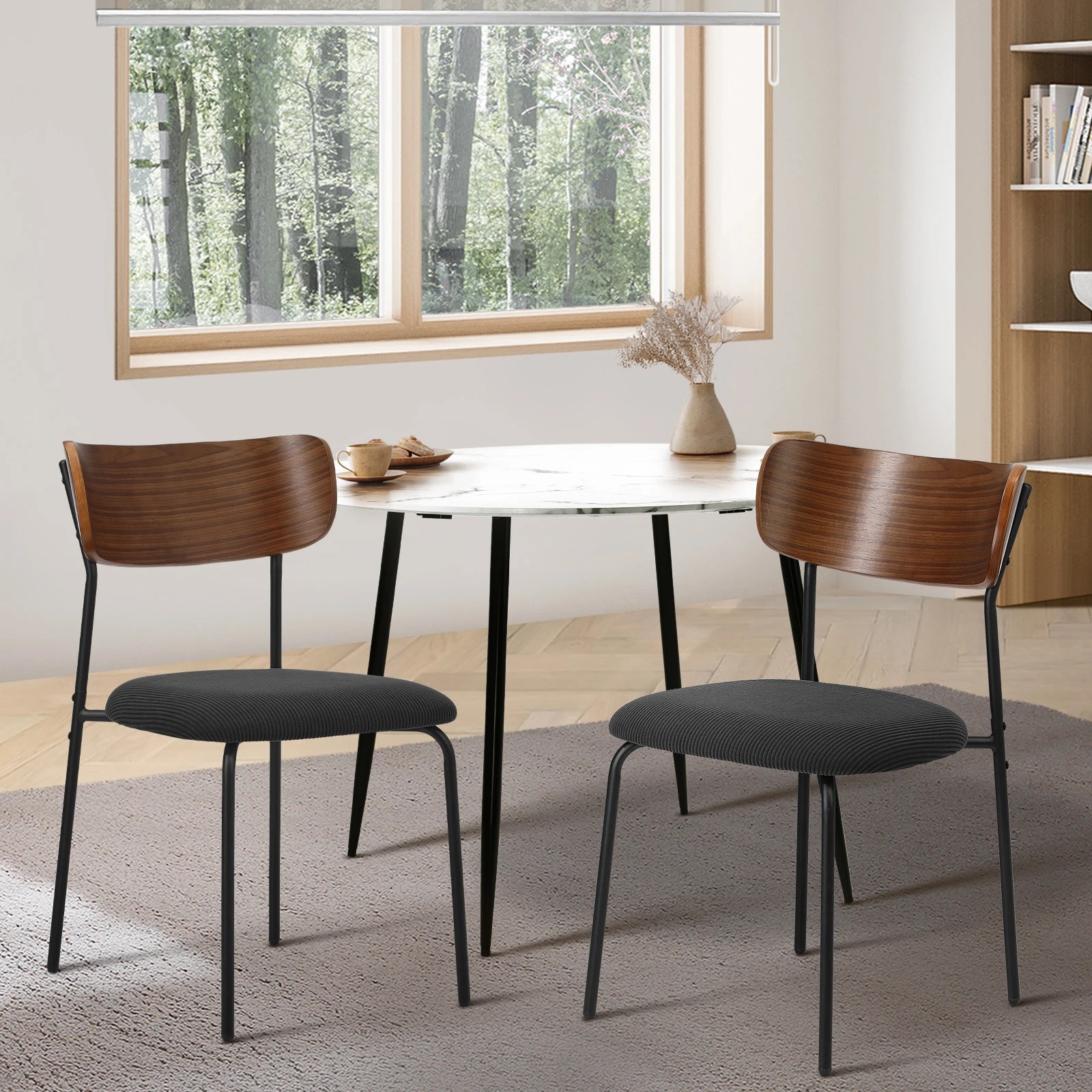 3 Oikiture 2PCS Dining Chairs Kitchen Chair Padded Lounge Seat Corduroy - Black, 3 of 10