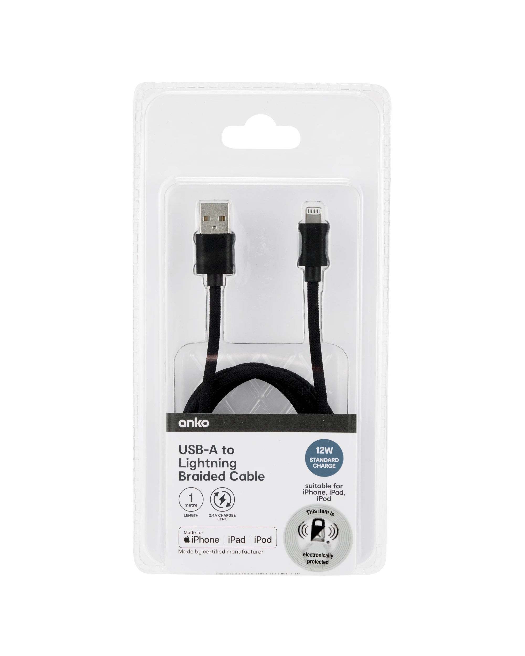 4 USB-A to Lightning Braided Cable - 1m, Black, 4 of 4