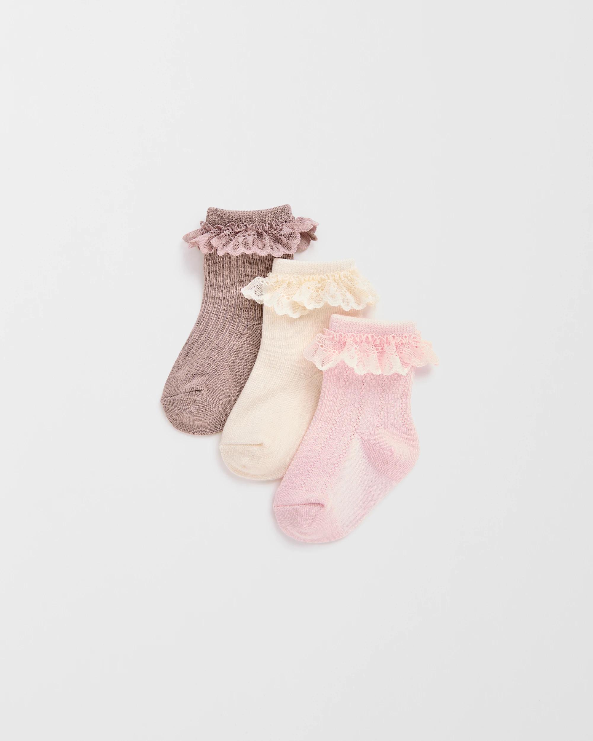1 Target Baby Australian Cotton Blend 3 Pack Textured Lace Trim Socks PINK/CREAM/BROWN, 1 of 3