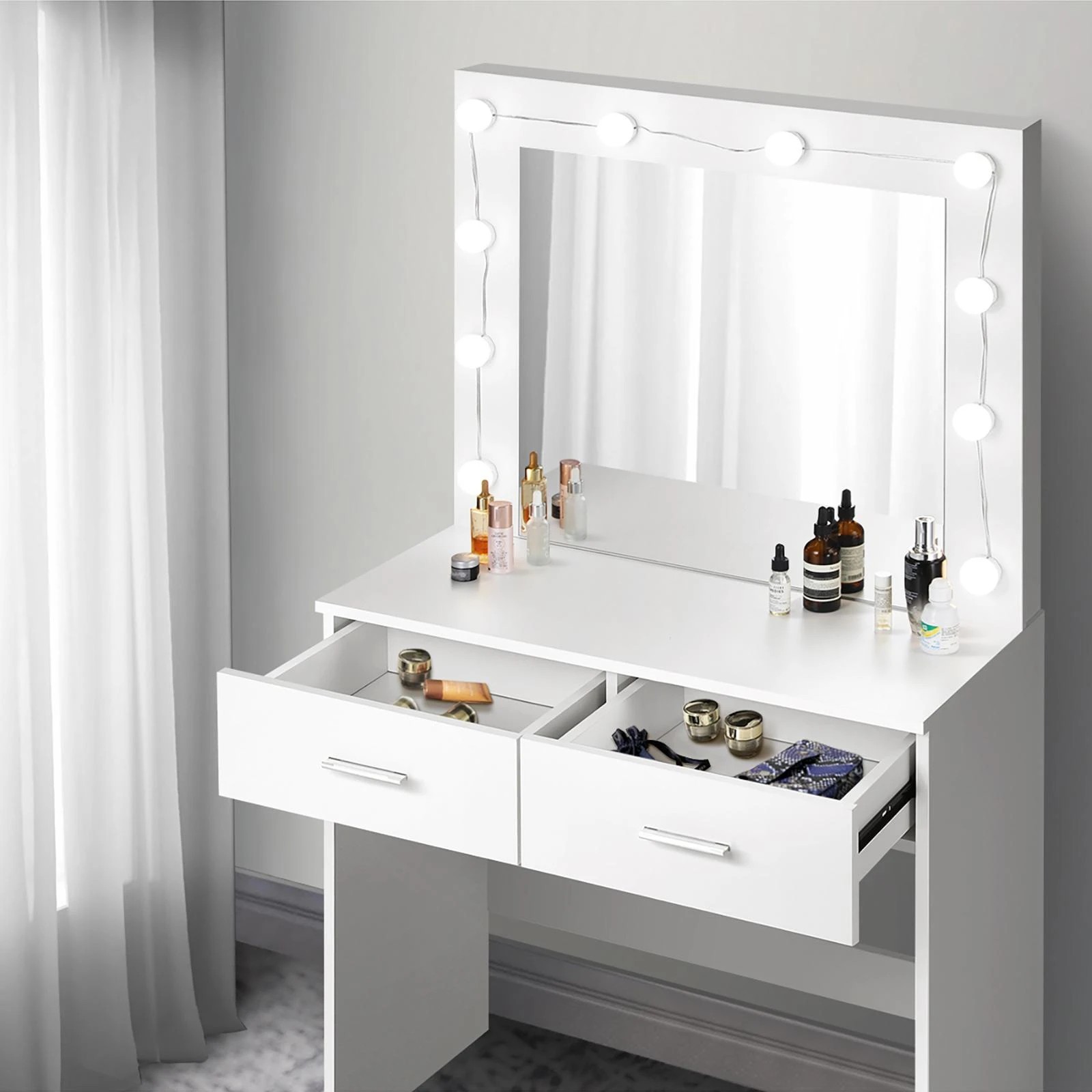 5 Oikiture Dressing Table Stool Set Makeup Mirror Storage Desk 10 Led Bulbs
 - White, 5 of 9