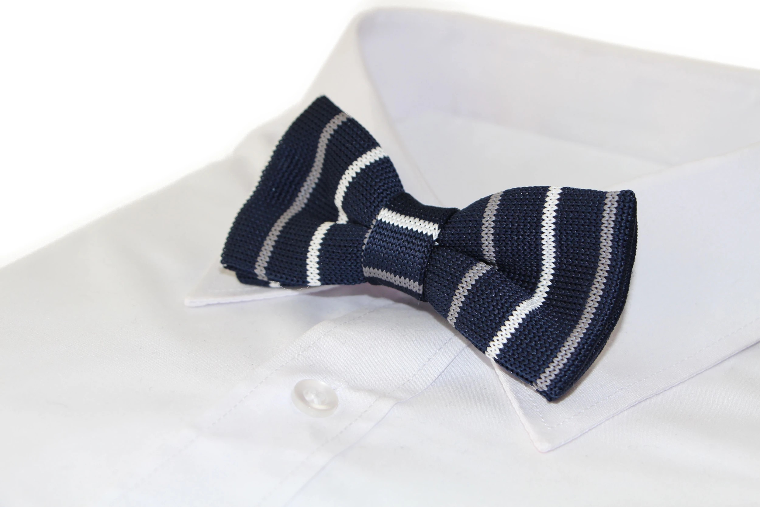 1 Zasel Mens Navy With White & Grey Thin Stripes Knitted Bow Tie - Multi, 1 of 4
