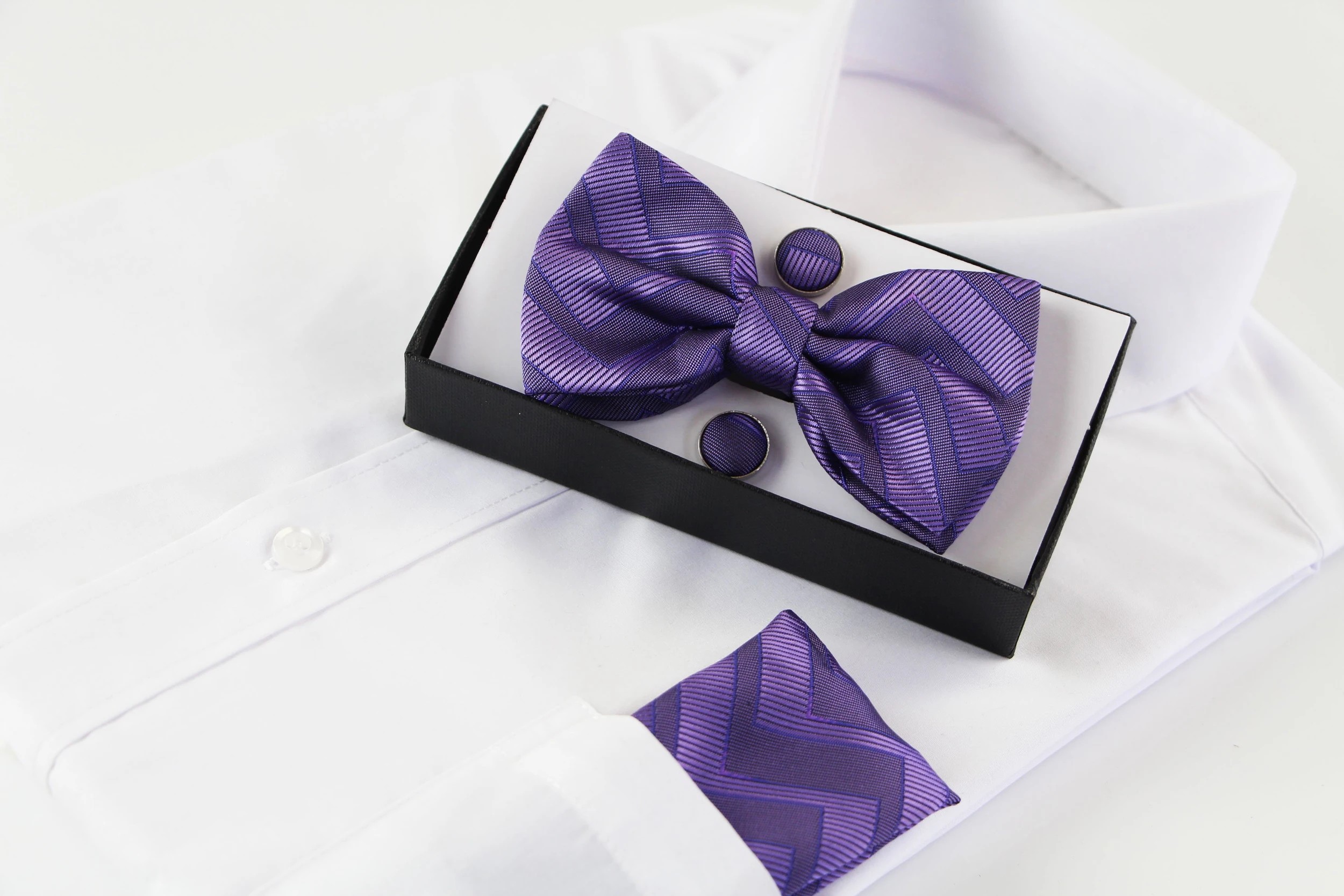 1 Zasel Mens Purple Zig Zag Matching Bow Tie, Pocket Square & Cuff Links Set - Multi - Multi, 1 of 2