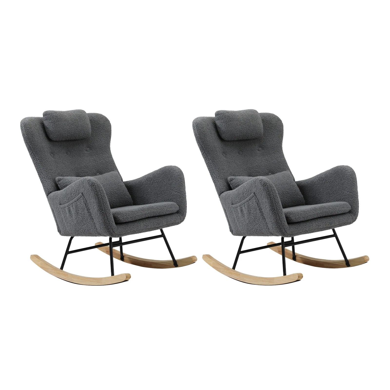 3 Oikiture 2x Rocking Chair Nursing Armchair Sherpa Chairs With 2 Pillow - Grey, 3 of 10