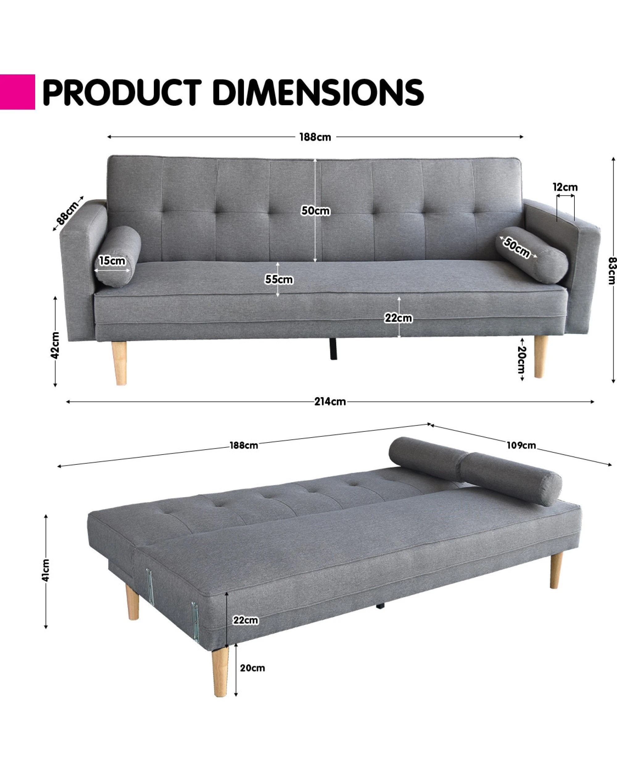 8 Sarantino 3 Seater Linen Sofa Bed Couch with Pillows - Grey, 8 of 9