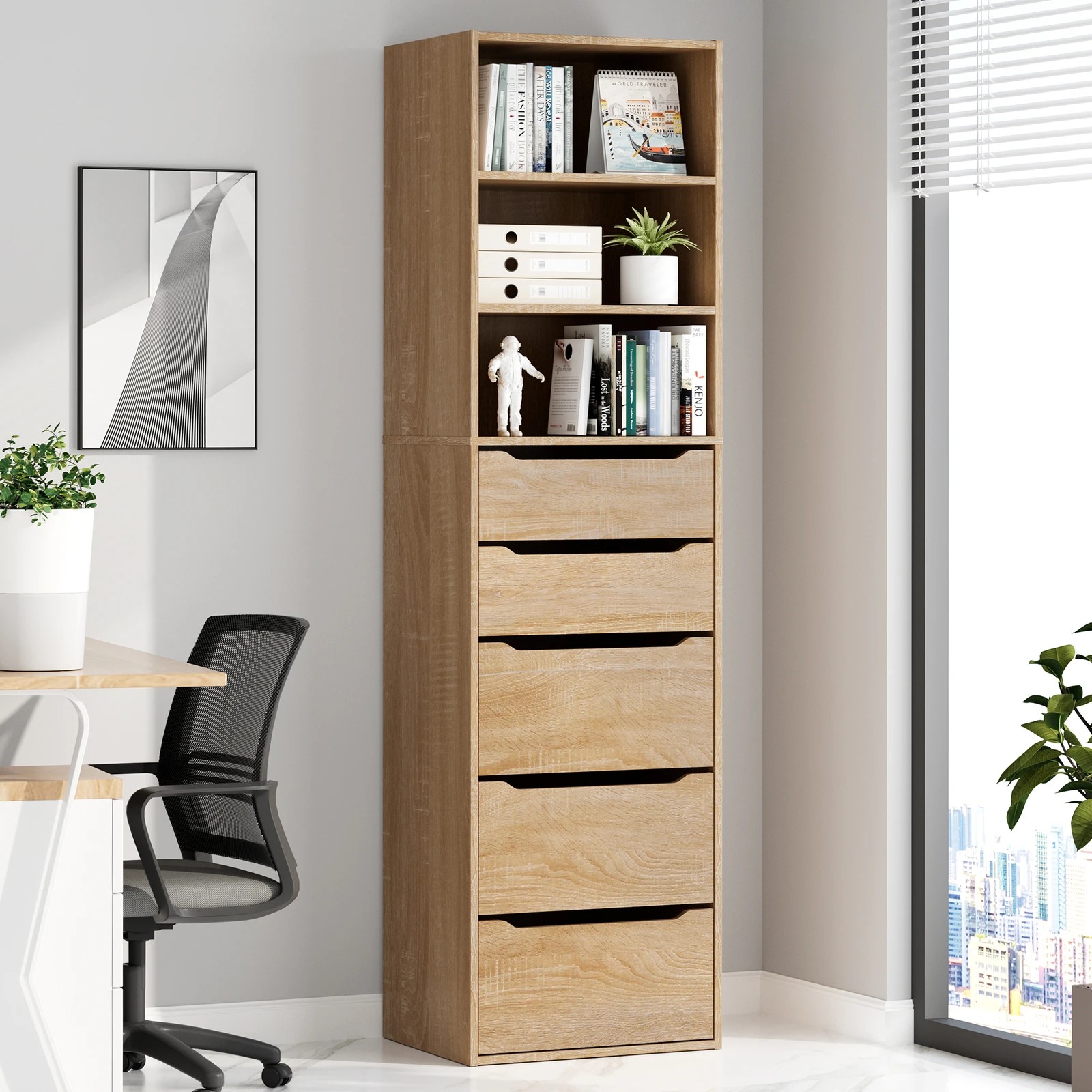 2 Alfordson Chest of 5 Drawers Office Storage Cabinet Tallboy Bedroom - Oak, 2 of 10