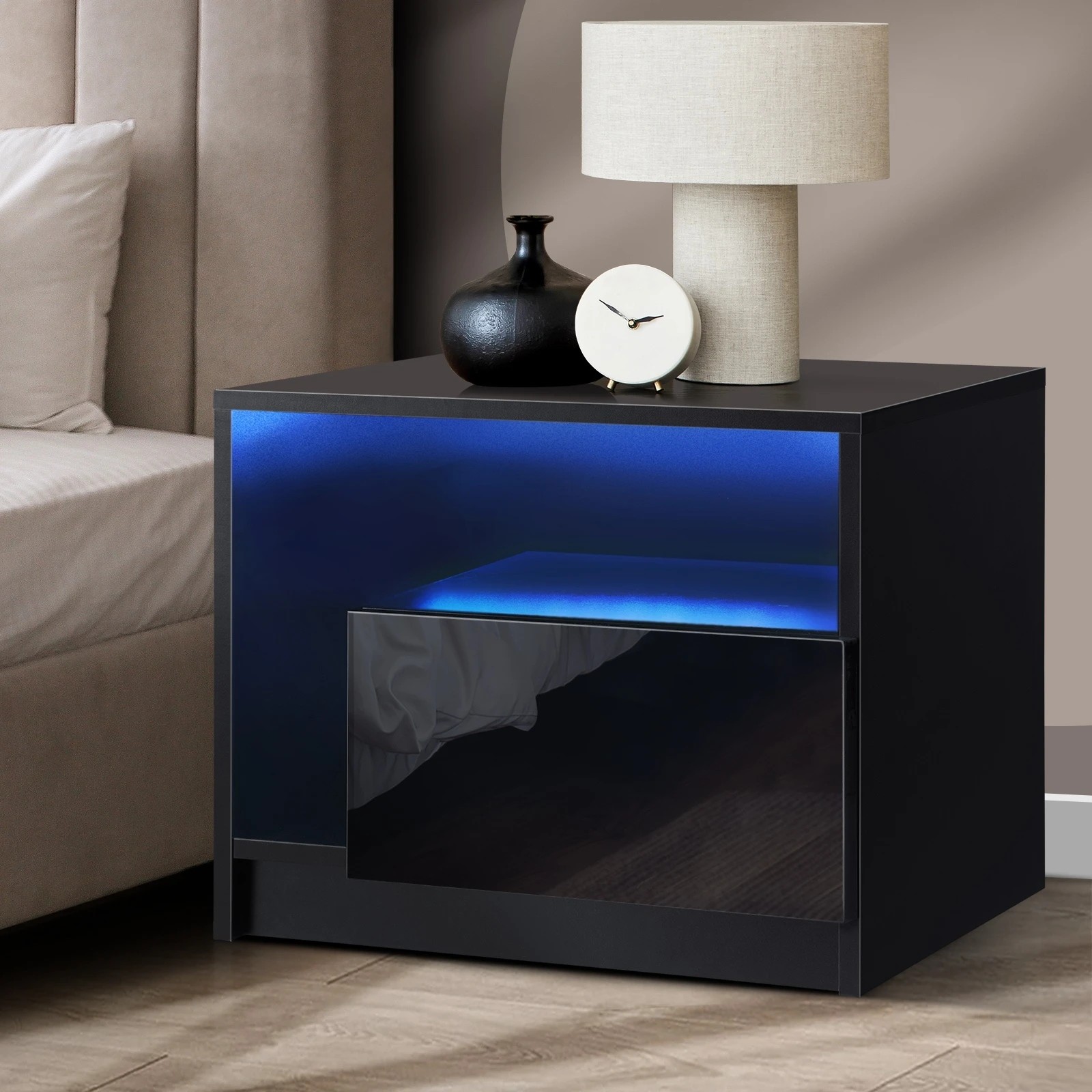 7 Oikiture Bedside Tables Set of 2 LED Side Table Drawers Nightstand - Black, 7 of 7