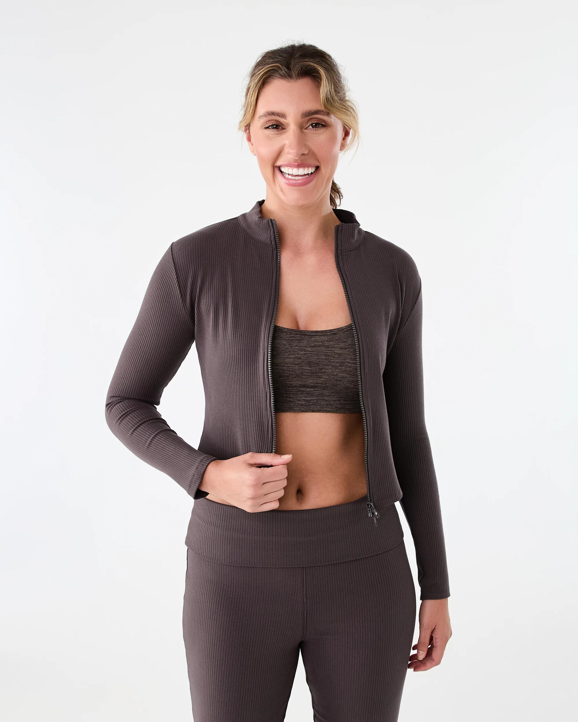 1 Active Womens Ribbed Zip Through Long Sleeve Top Espresso, 1 of 10