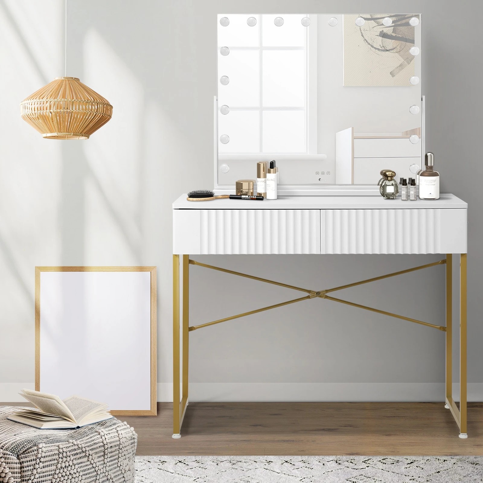 4 Oikiture Dressing Table Bluetooth Hollywood Rotatable Makeup Mirror Vanity Desk - White, 4 of 9