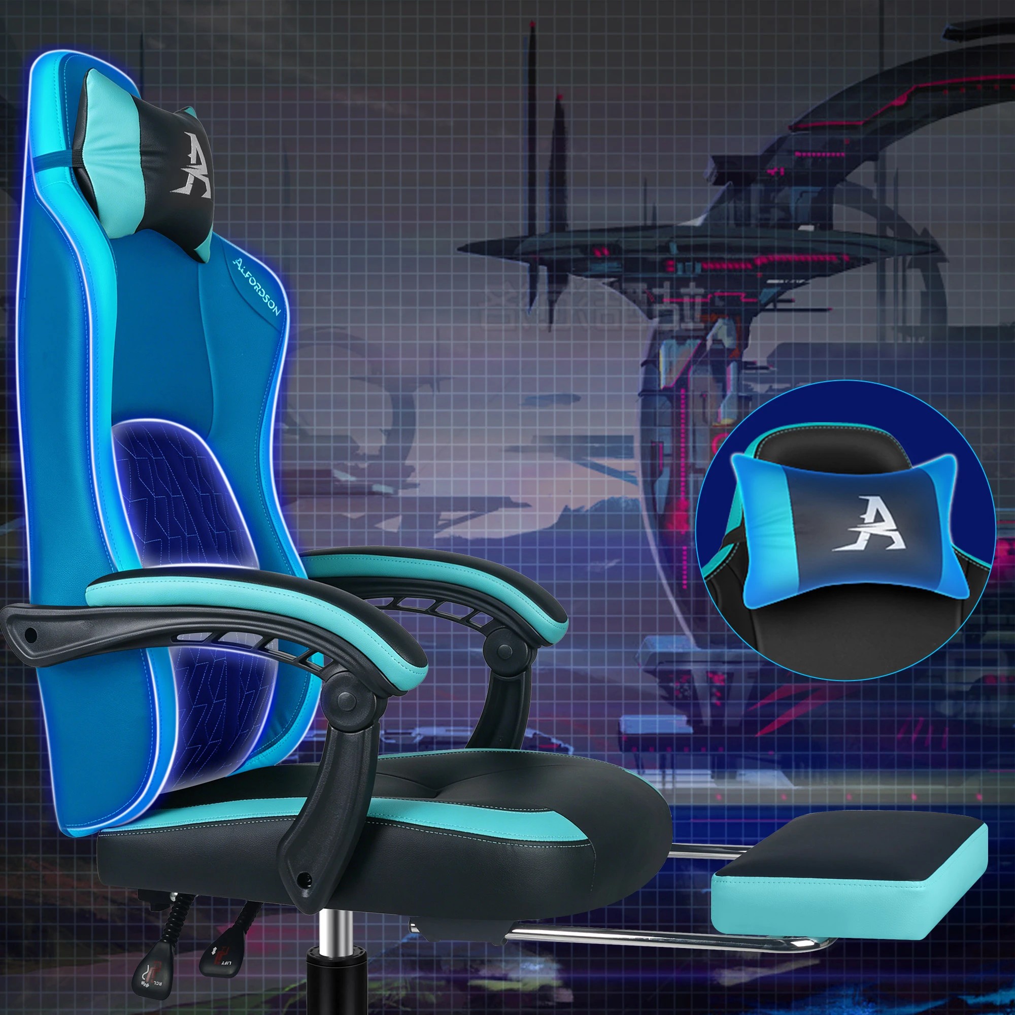 5 Alfordson Gaming Office Chair Ergonomic Computer Footrest Leather - Cyan, 5 of 9