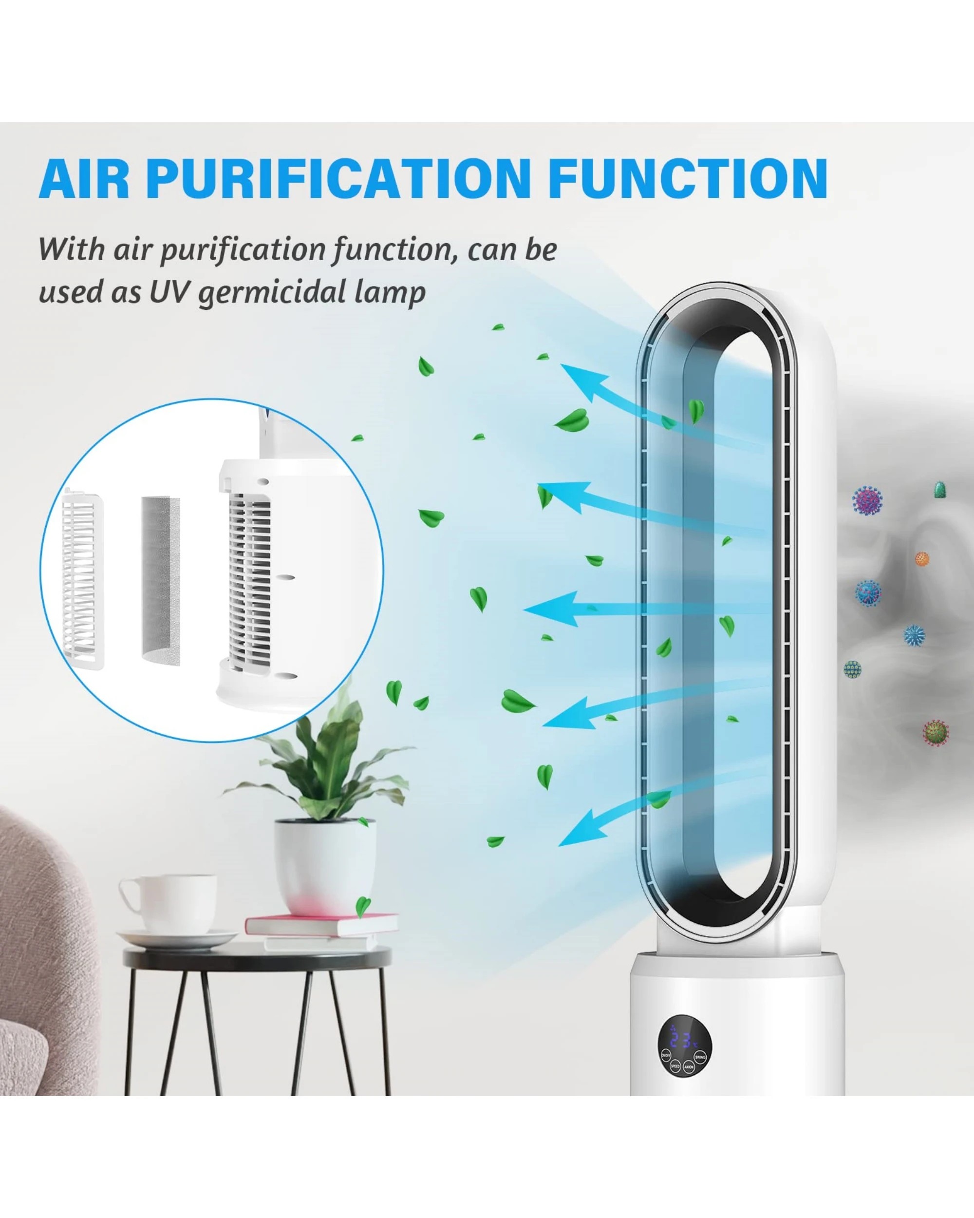 3 Advwin Bladeless Tower Fan Portable Electric Standing Floor Fan Air Circulator With Remote 24-Speeds Adjustable, White, 3 of 7