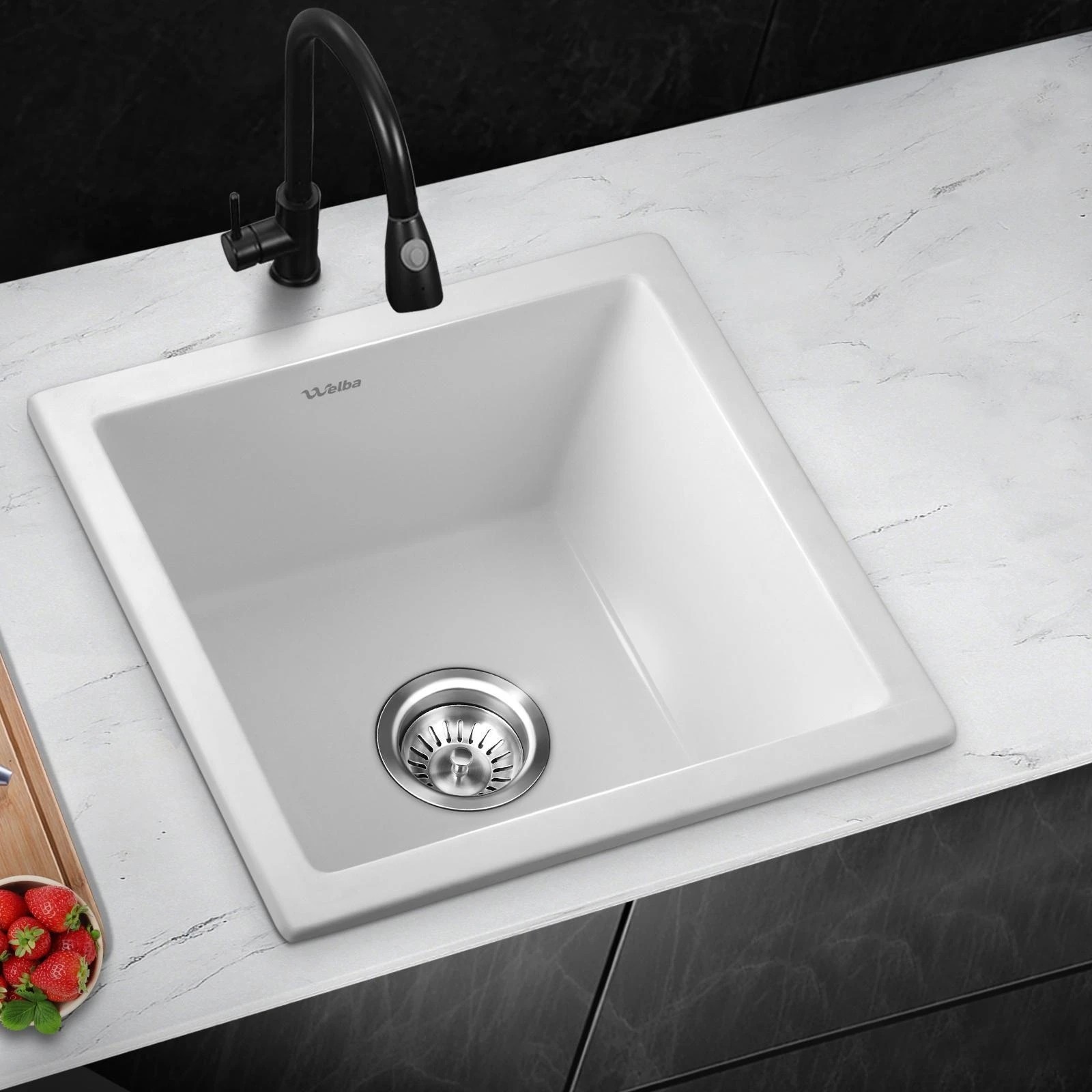 2 Welba Kitchen Sink 38x38cm Granite Stone Sink Basin Single Bowl - White, 2 of 8