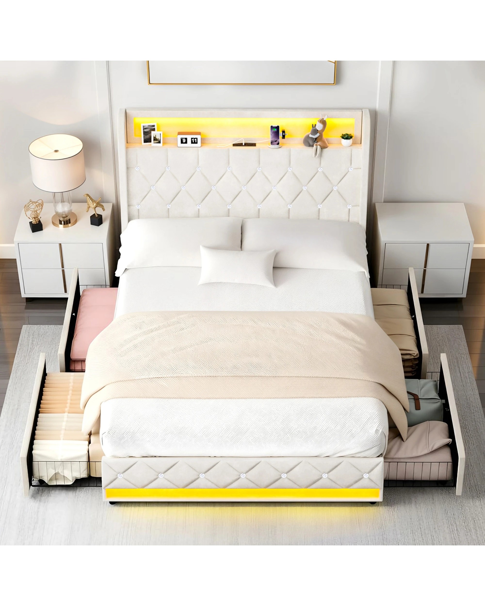 2 Advwin Double LED Bed Frame with Velvet Upholstered Headboard & Charging Station - Beige, 2 of 7