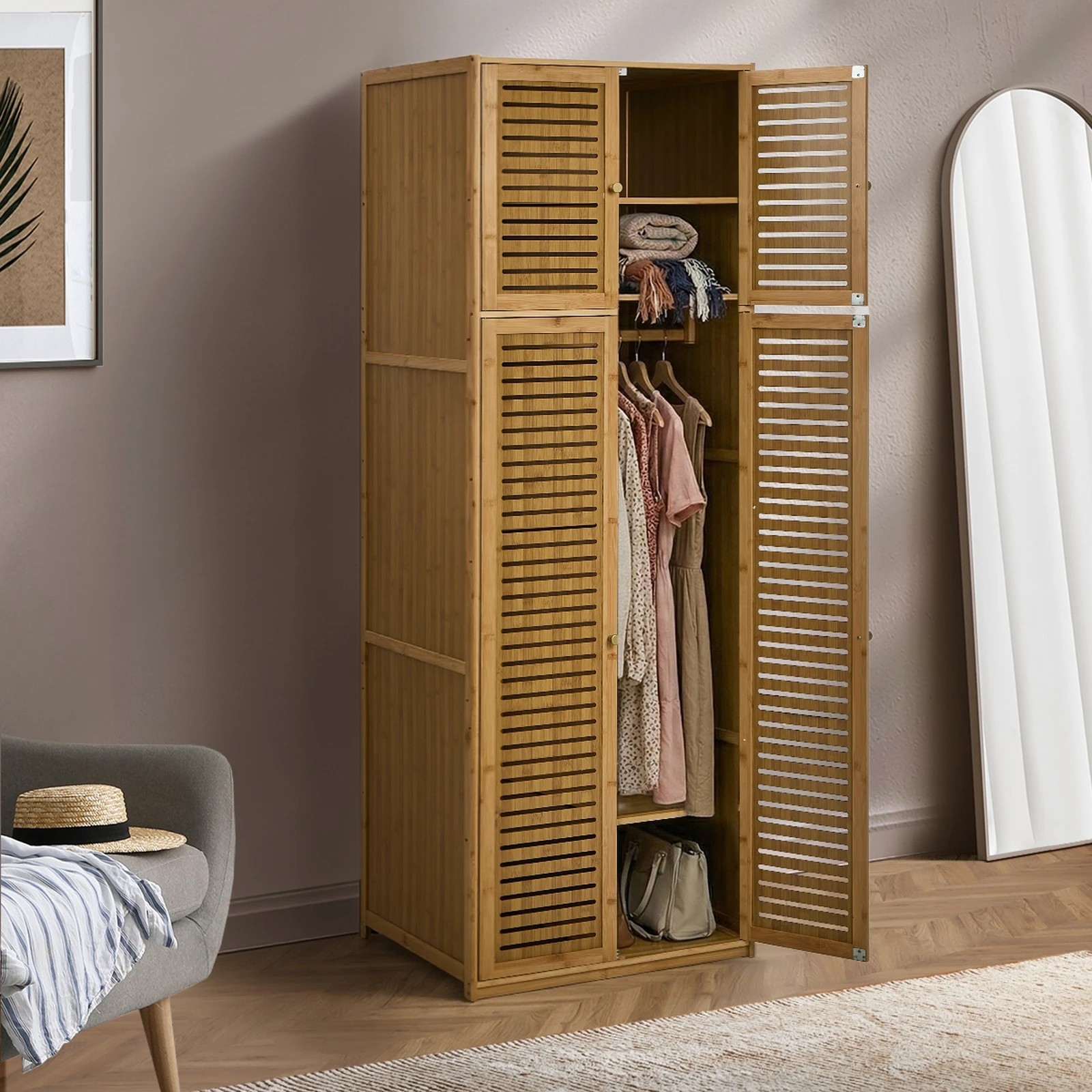 3 Oikiture Bamboo Wardrobe 4 Doors Clothes Storage Cabinet Hanging Rod - Brown, 3 of 9