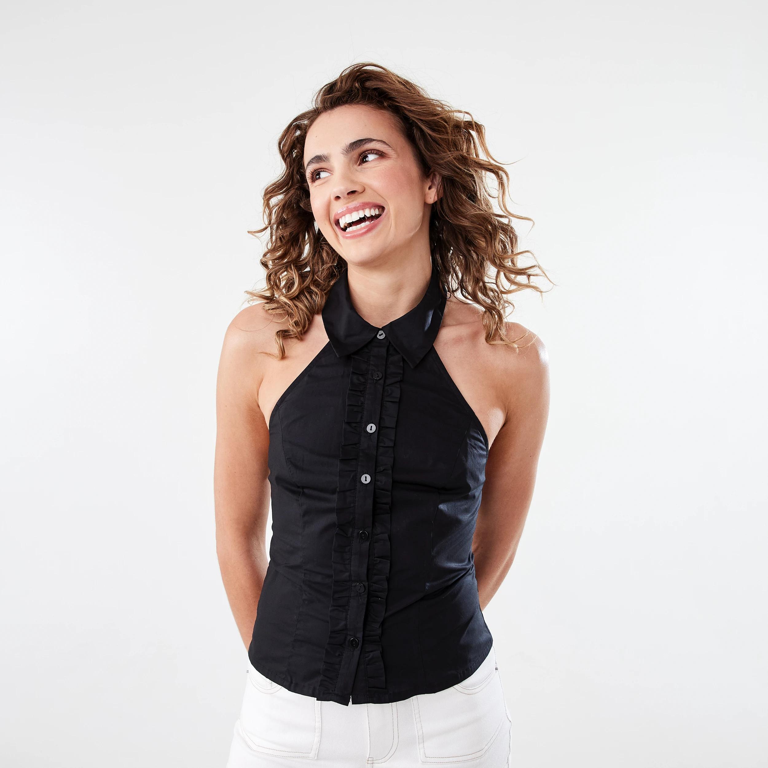 1 Sleeveless Ruffle Halter Neck Shirt Black, 1 of 8