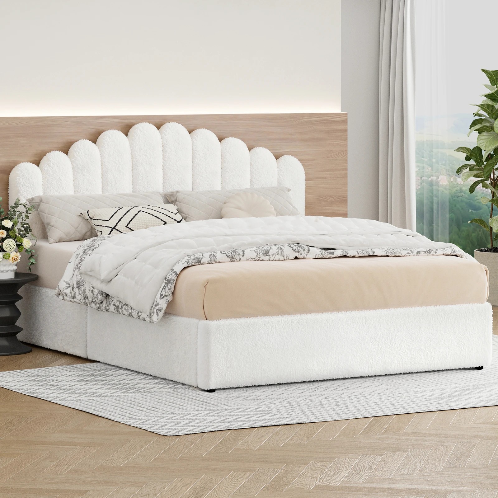 2 Alfordson Bed Frame King Size Gas Lift Storage Base Wooden Boucle Mutis - White, 2 of 10