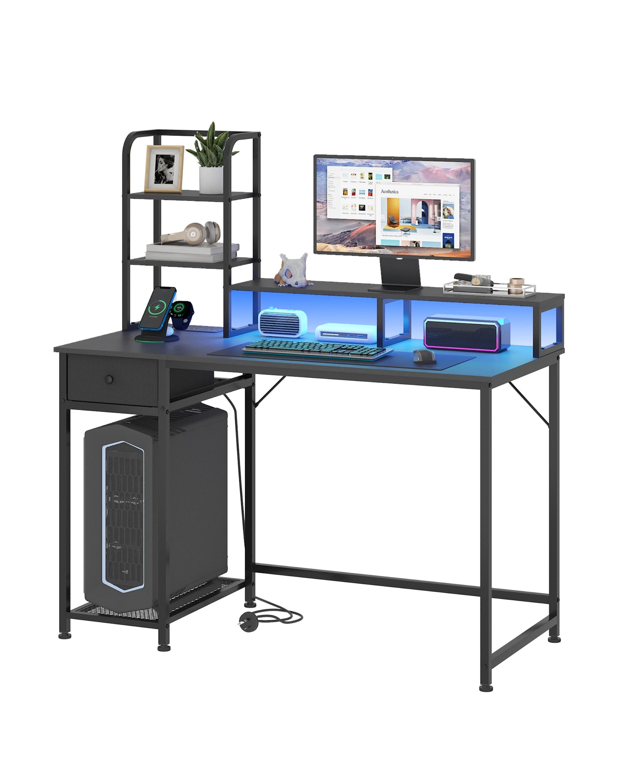 1 Advwin Reversible Computer Desk LED Gaming Desk Home Office Desk PC Table with Shelf Drawer, 1 of 9