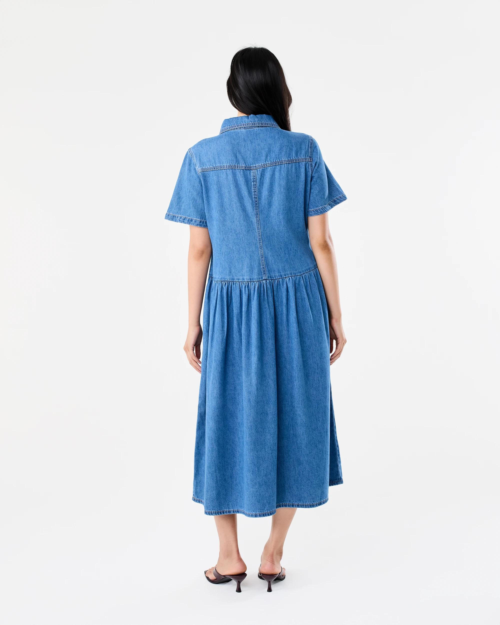 3 Short Sleeve Denim Button Through Midi Dress Dark Wash, 3 of 9