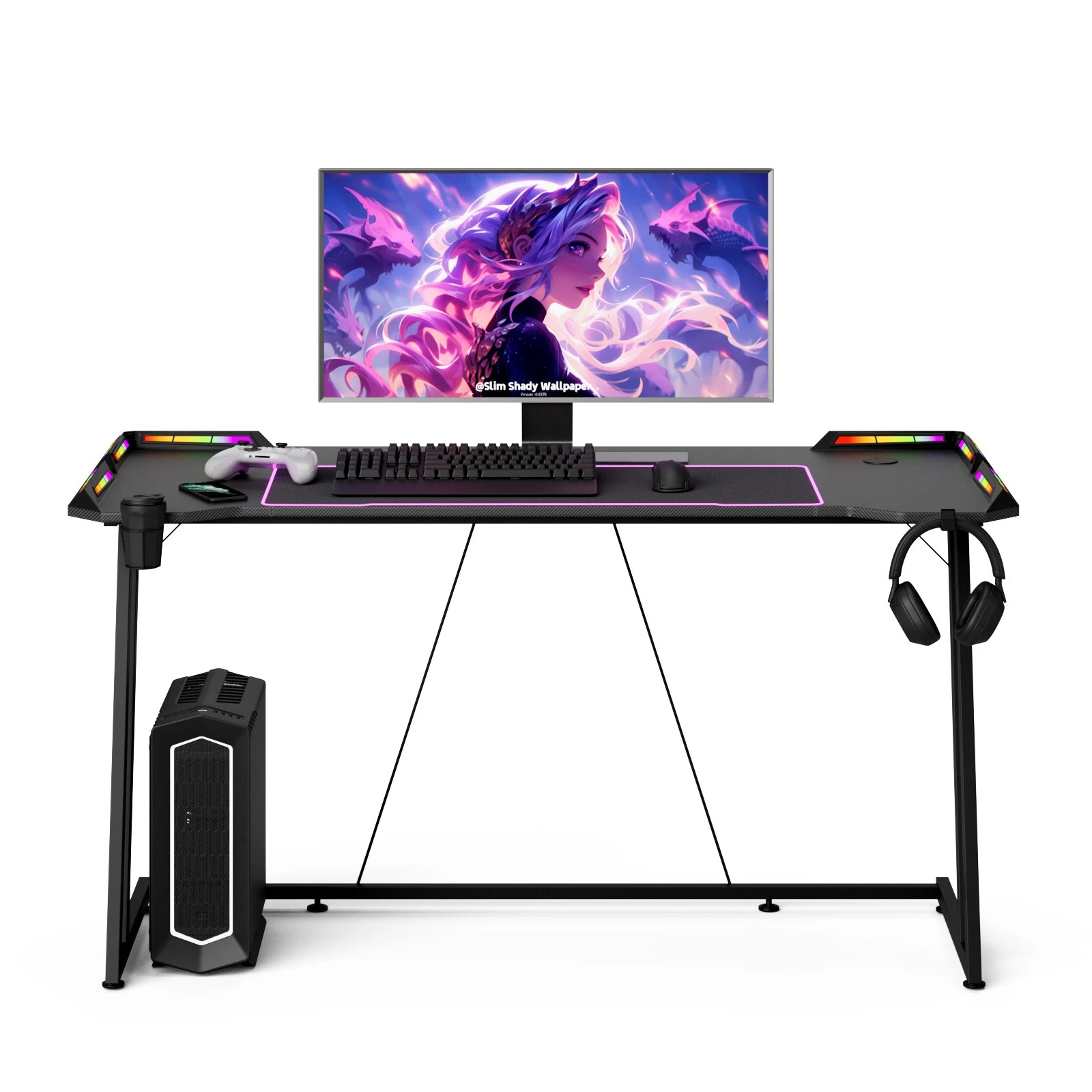6 Advwin 140cm LED RGB Gaming Desk Carbon Fiber Surface Computer Desk with Cup Holder Headphone Hook, 6 of 10