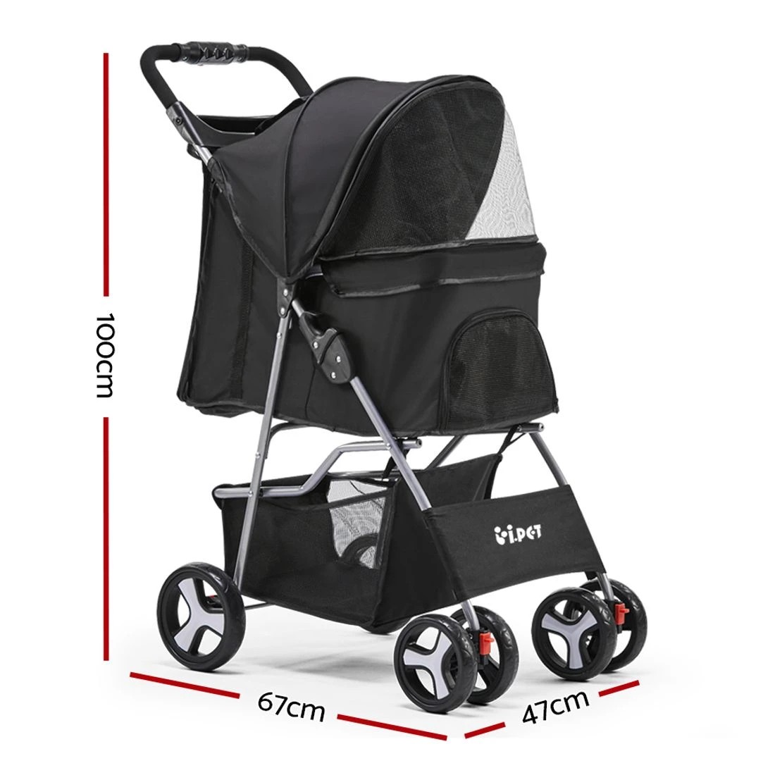 2 i.Pet Pet Stroller Pram Dog Cat Carrier Cage Travel Pushchair Foldable 4 Wheels - Black, 2 of 7