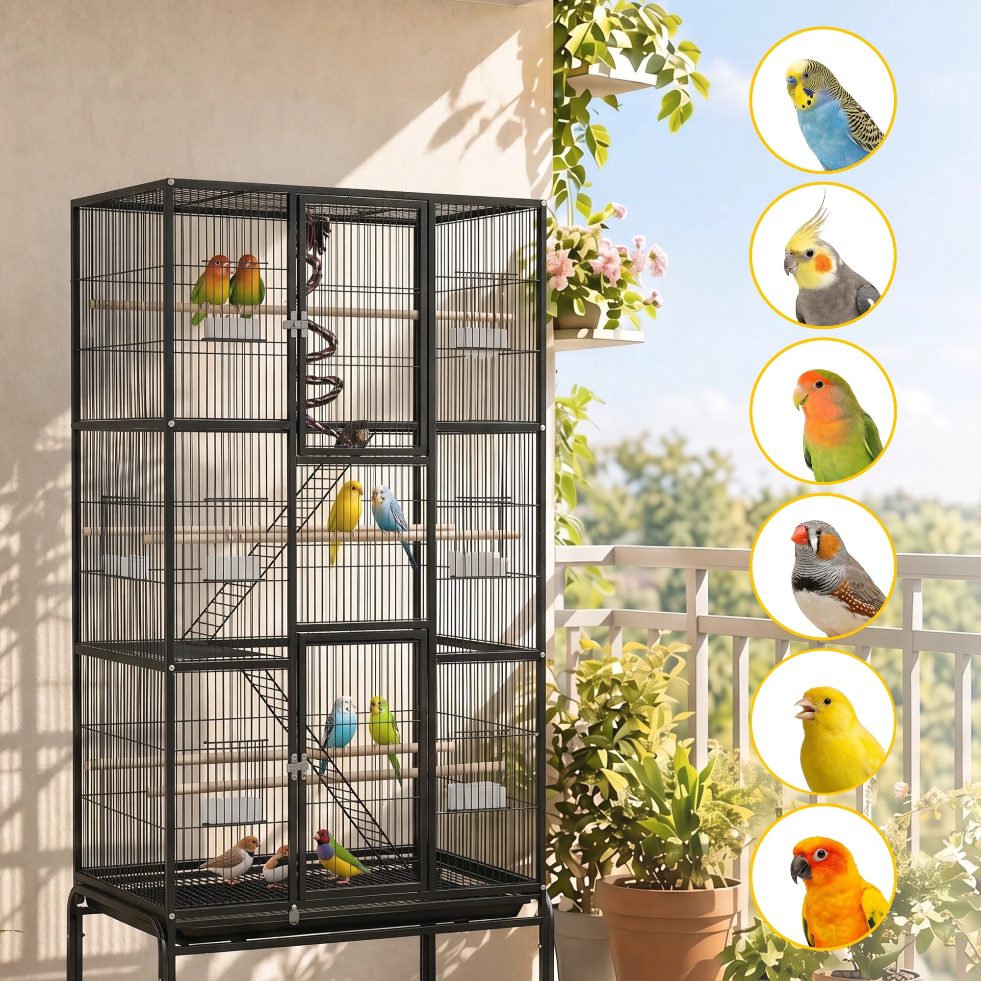8 i.Pet 3-Tier Large Bird Cage Aviary with Ladder Parrot Budgie Wheels - Black, 8 of 8