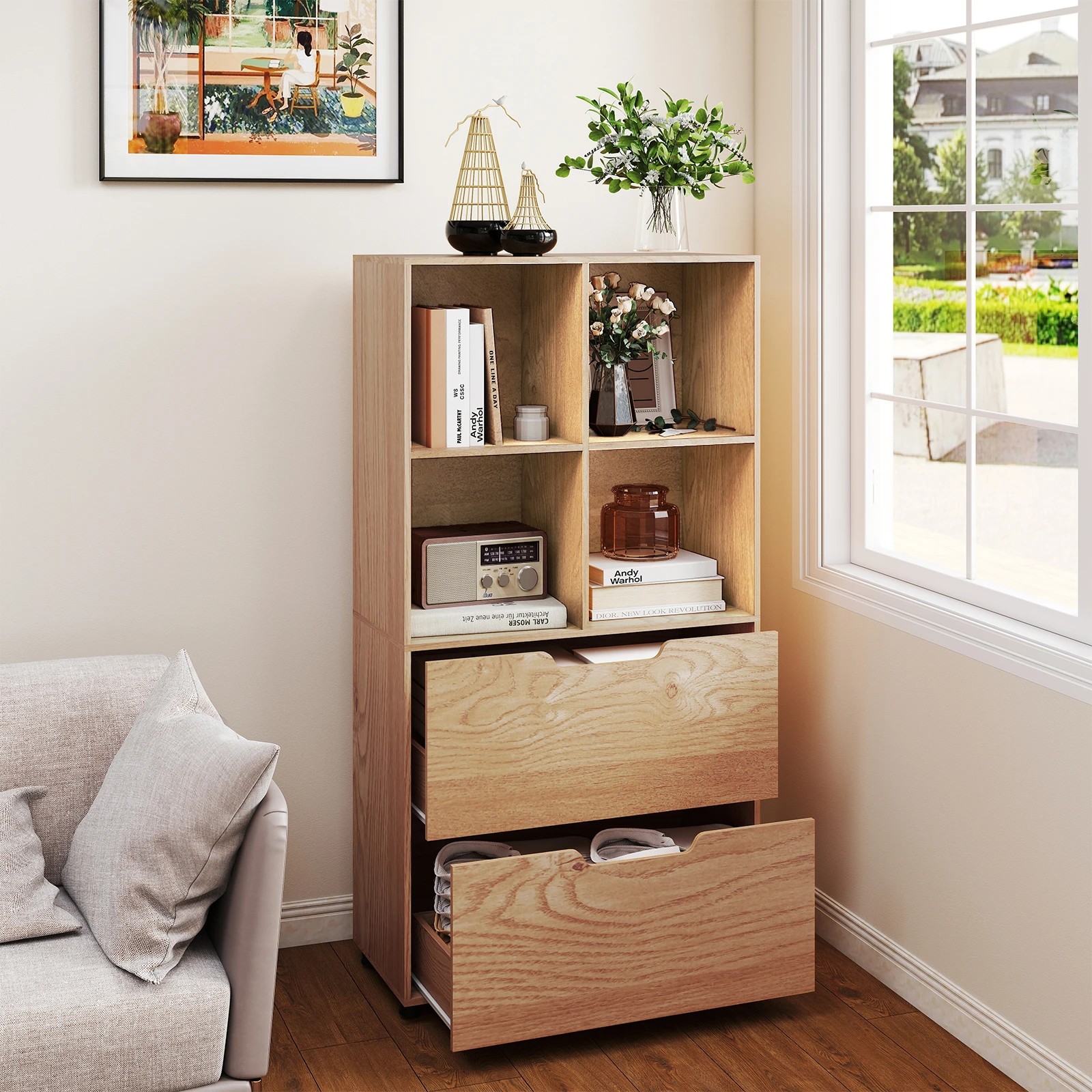 2 Costway 4 Cube 5-Tier Bookcase w/2 Drawers Display Rack Bookshelf Storage Organizer - Natural, 2 of 4