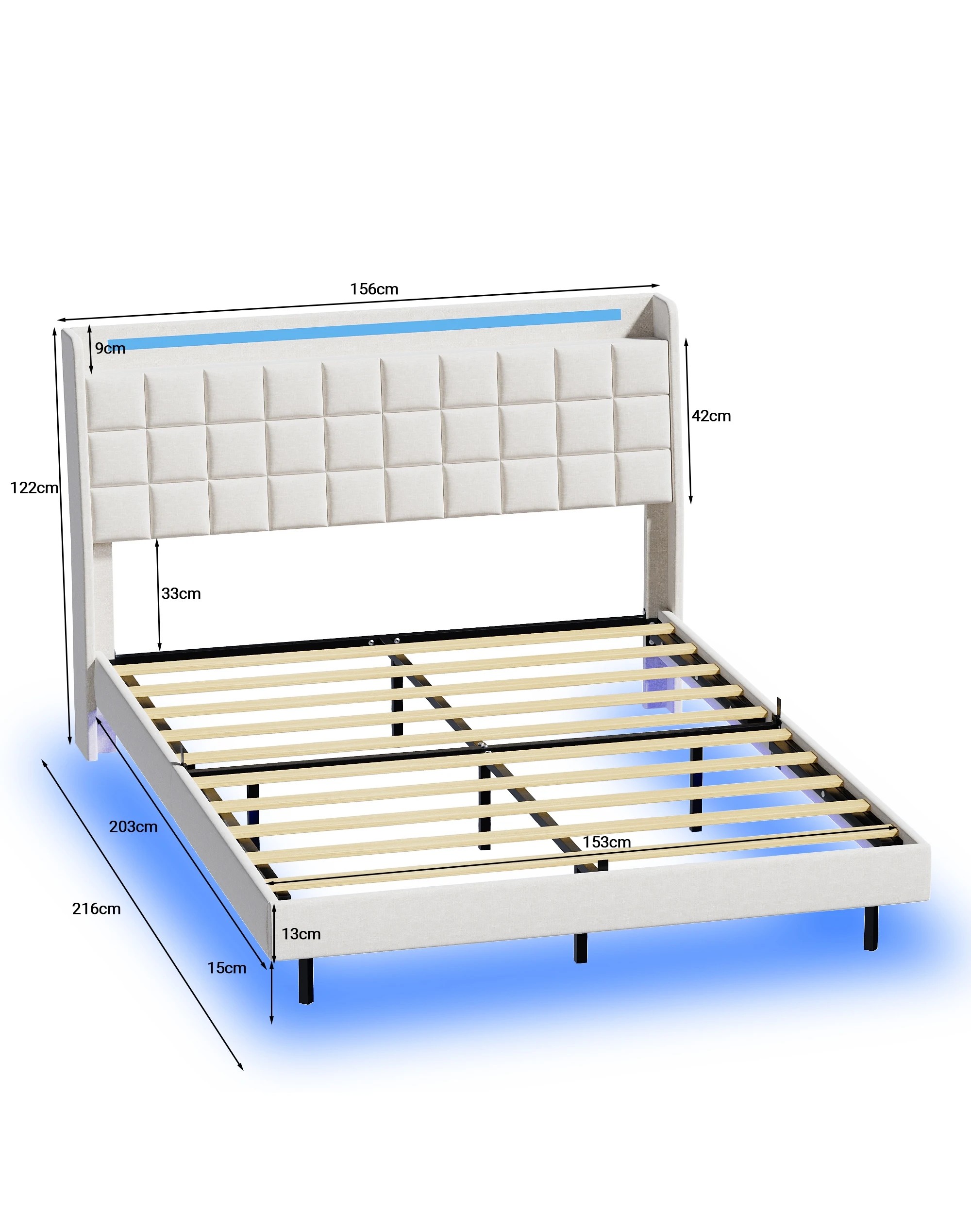 3 Advwin Queen Floating Bed Frame with LED Lights and Storage Headboard - Beige, 3 of 6