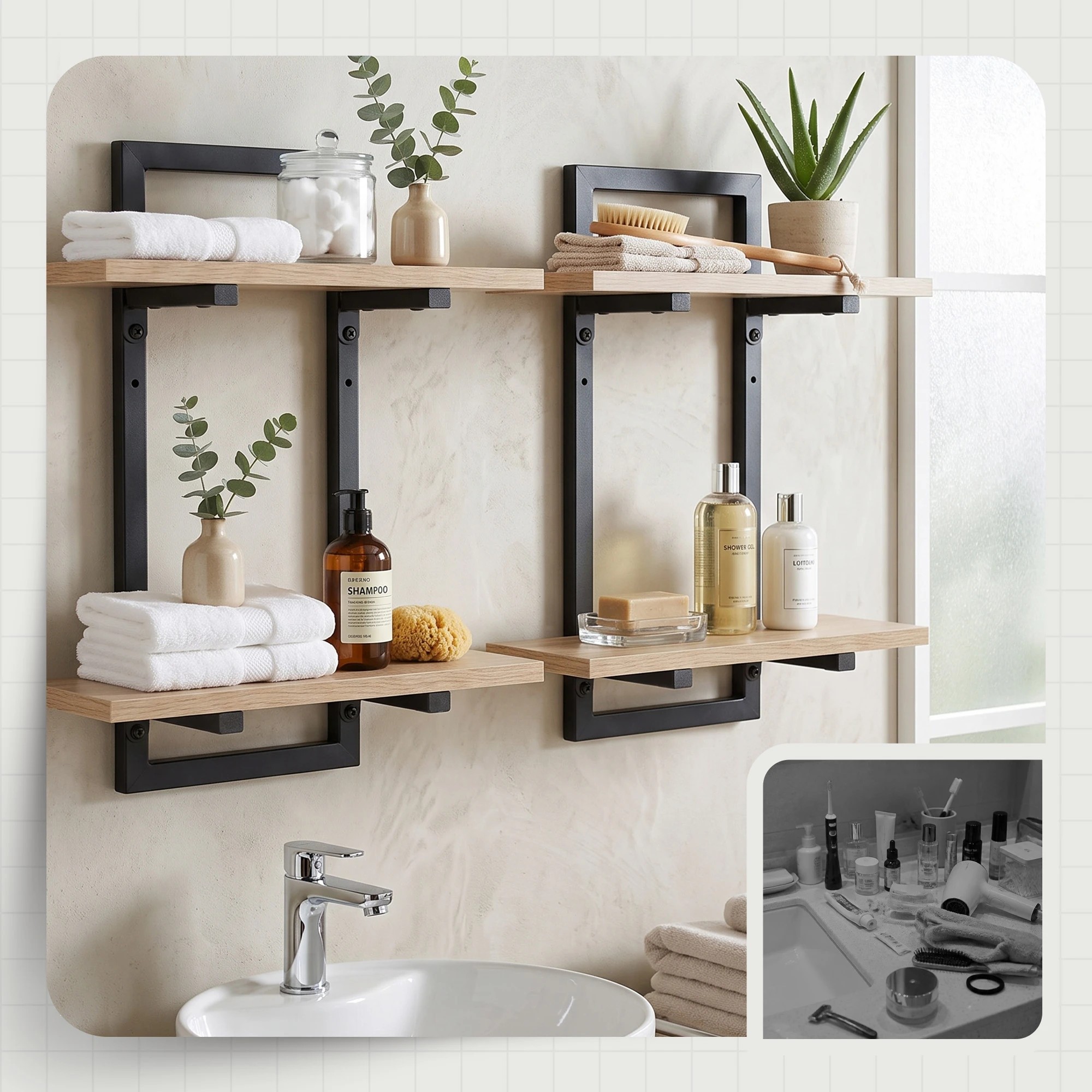 5 Artiss Set of 2 Floating Wall Shelf 2-Tier Wall-Mounted Display Ledge Wood&Metal - Natural, 5 of 8