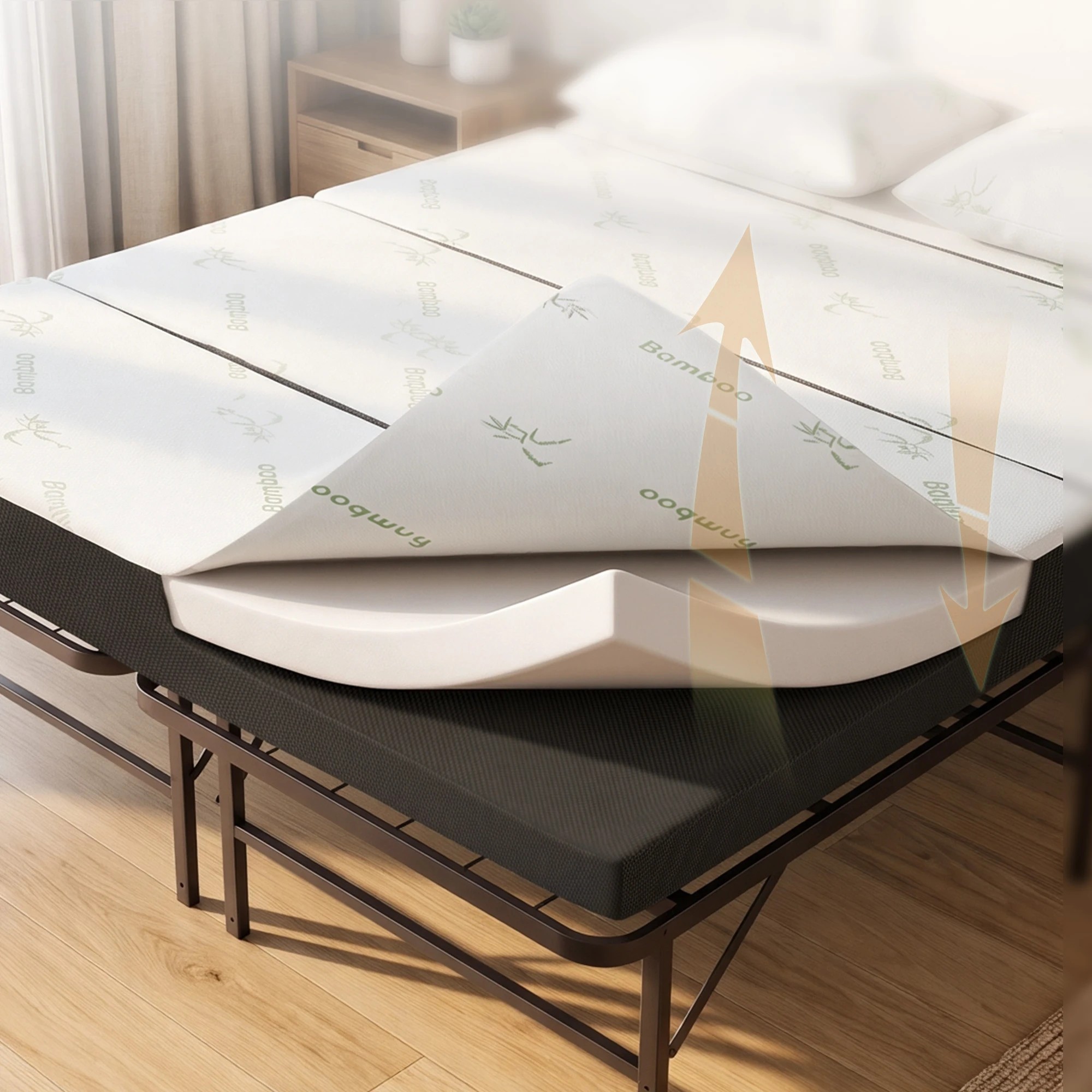 5 Giselle Bedding Folding Bed with Mattress 4 Fold Metal Frame Guest Bed Bamboo Cover - Double Bed - Black, 5 of 9