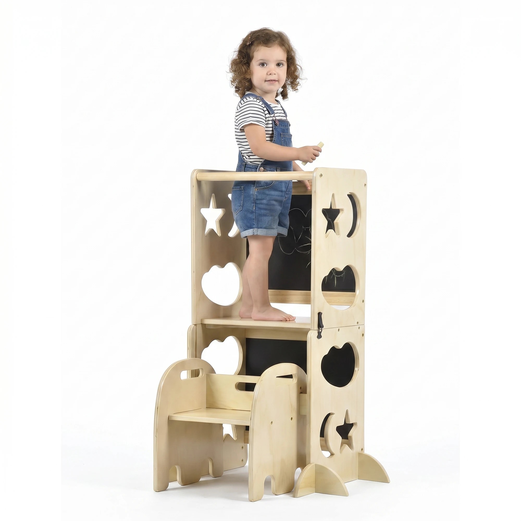 2 Advwin Toddler Kitchen Step Stool Helper w/ Double Blackboard & Safety Rail Foldable Standing Learning Tower - Multi, 2 of 7
