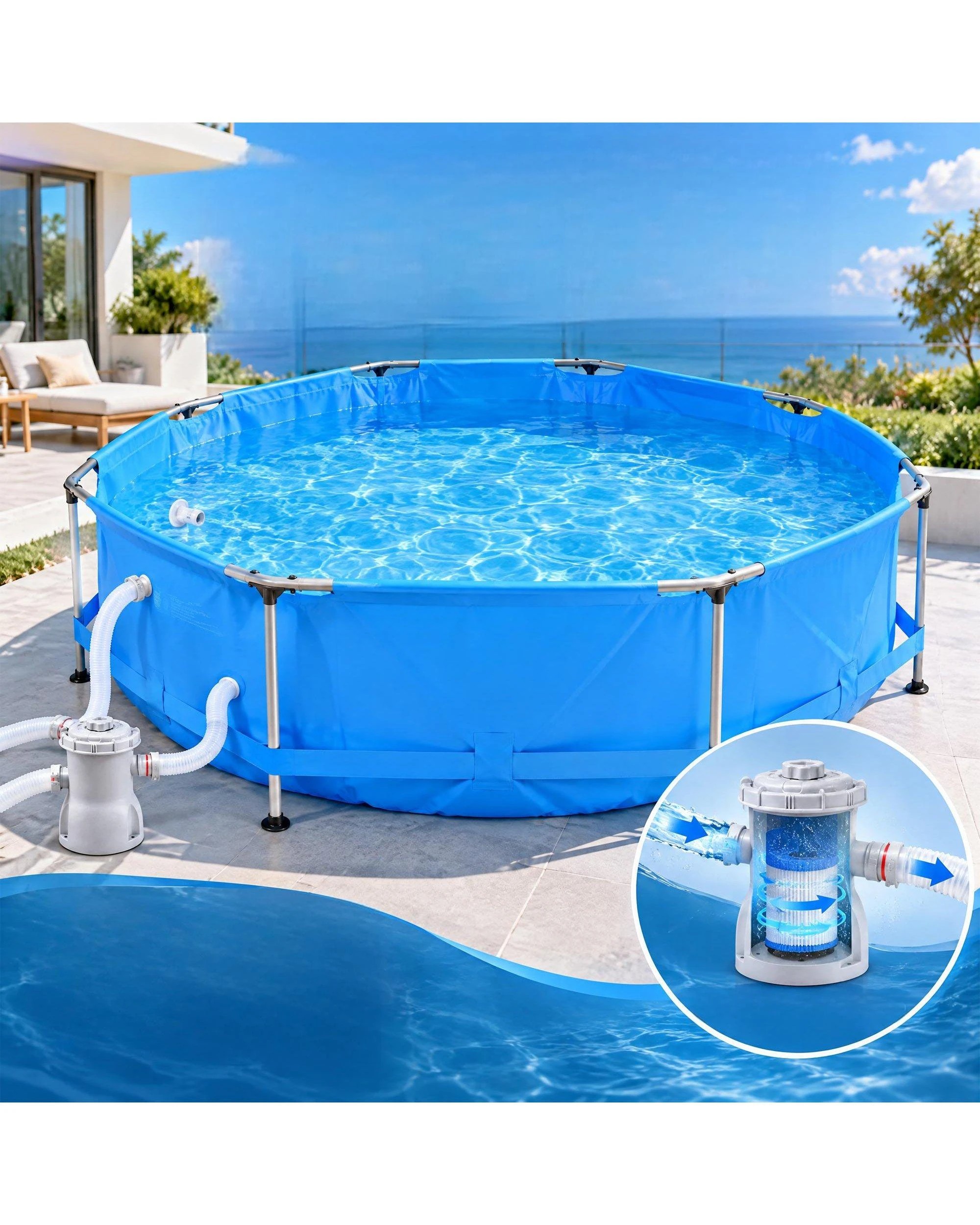Advwin Above Ground Swimming Pool with Pump, Durable Round Steel Frame ...
