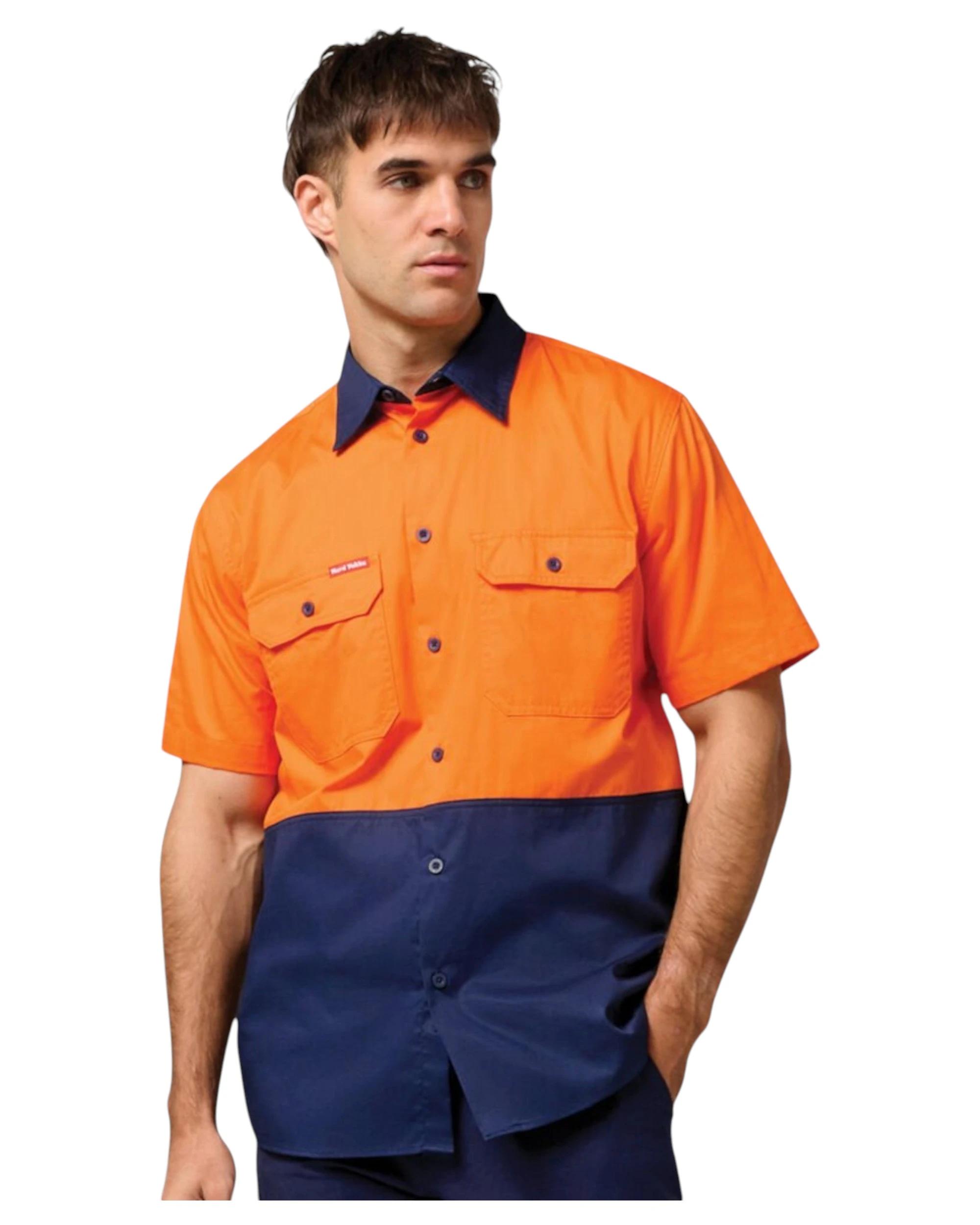 2 Hard Yakka 3 Pack Core Hi Vis 2 Tone Short Sleeve Lightweight Vented Shirt ORANGE/NAVY, 2 of 6