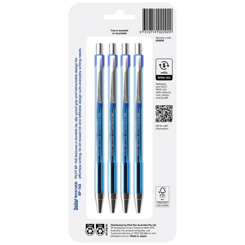 2 PILOT BP-145 Retractable Ballpoint Pen Fine 0.7mm Blue 4 Pk, 2 of 8