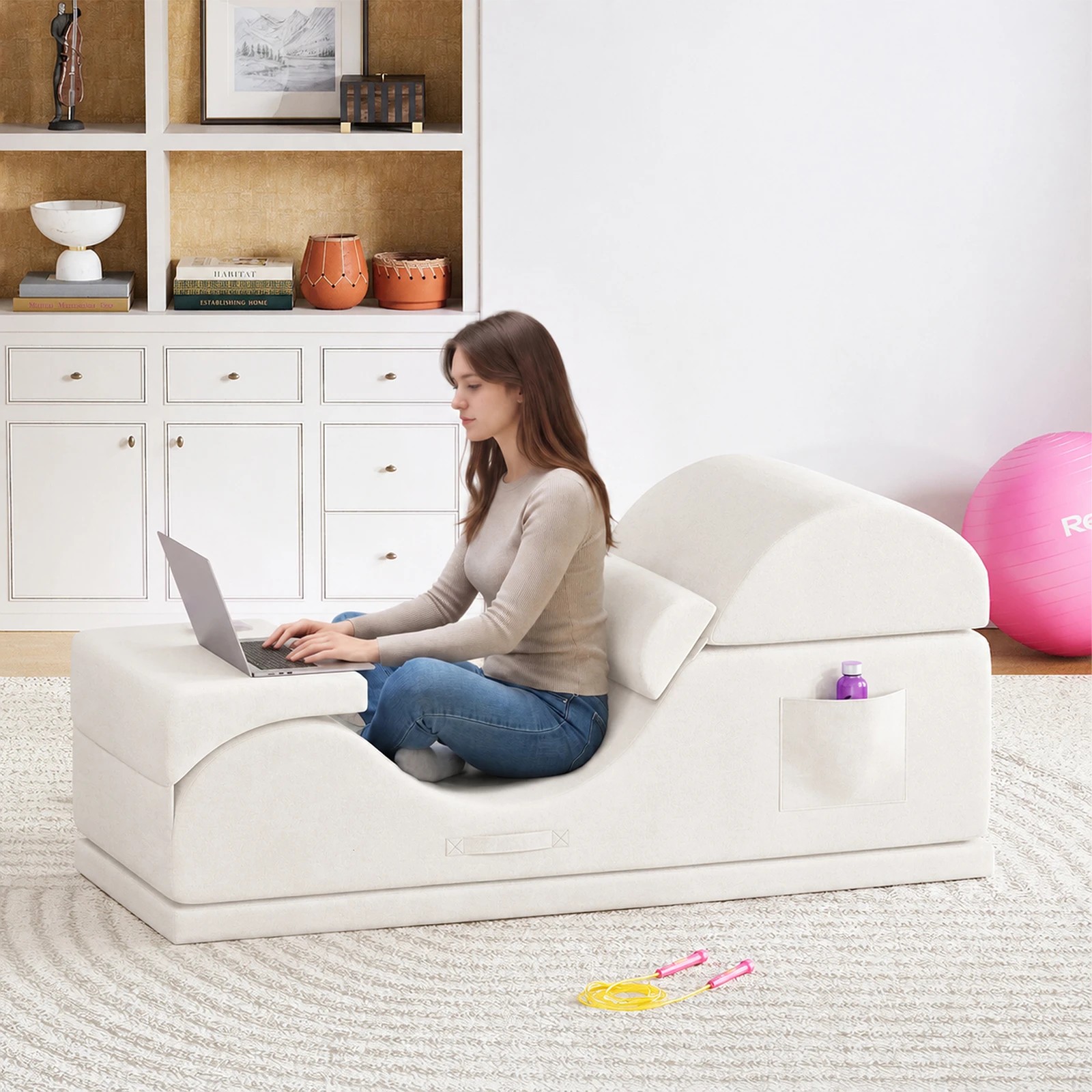 7 Advwin Convertible Yoga Chair Chaise Lounge with Suede Cover Detachable Mat - Beige, 7 of 7