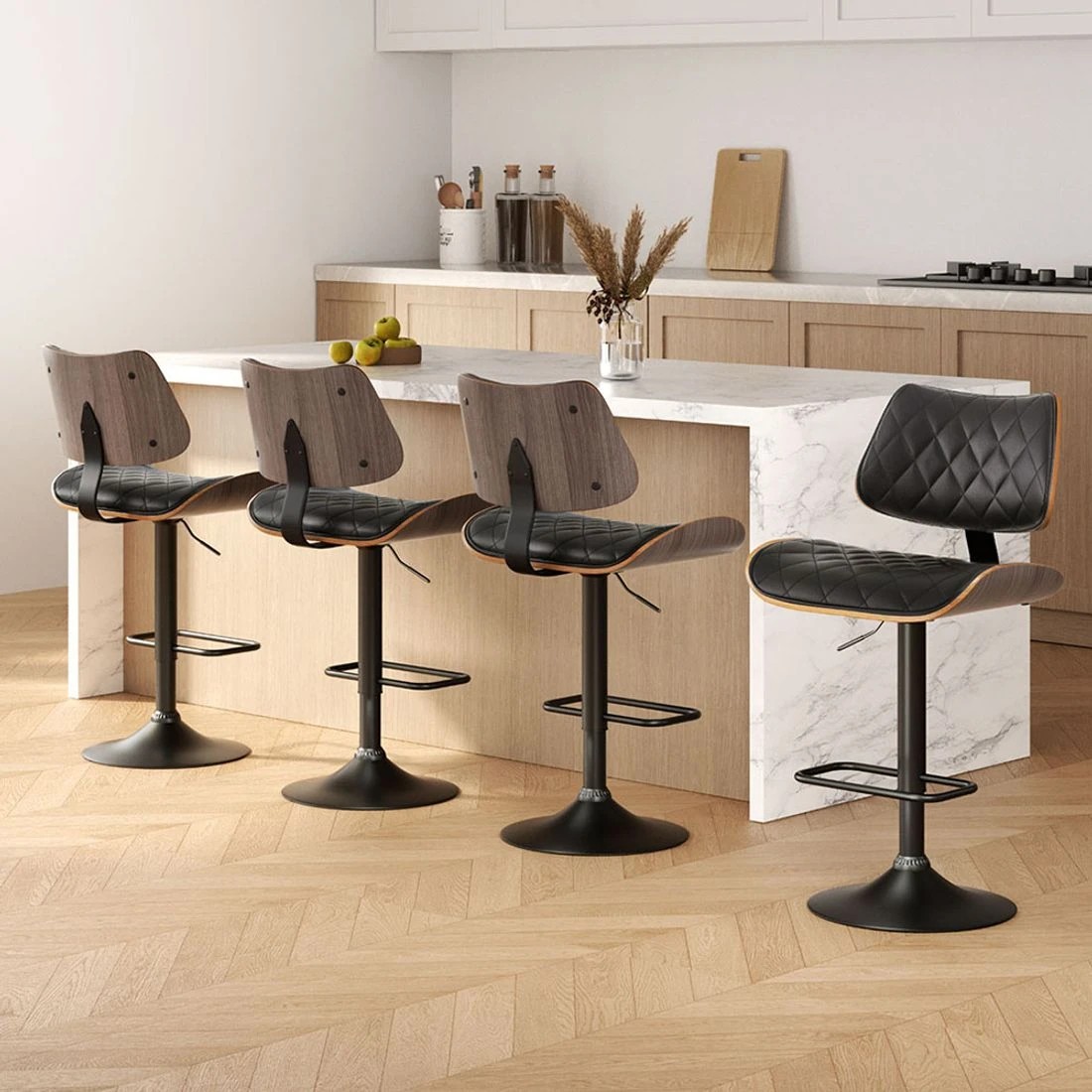 3 Artiss 4x Bar Stools Kitchen Dining Chairs Gas Lift Stool Wooden Leather - Black, 3 of 7
