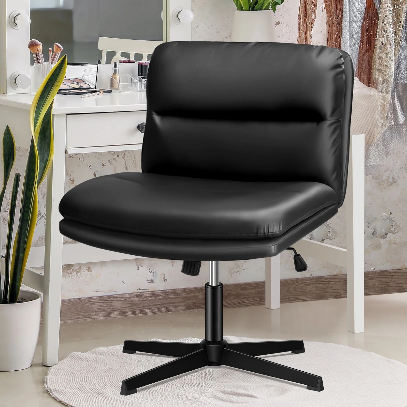3 Alfordson Office Chair Computer Cross-legged Seat Work Ottoman PU Leather - Black, 3 of 10