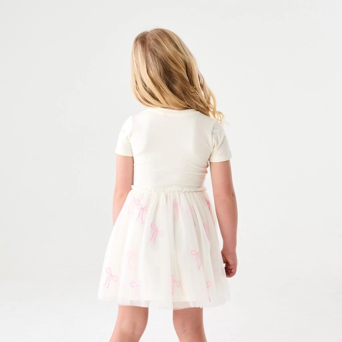 2 Short Sleeve Tutu Dress RIBBON BOW EMB BUTTER BIEGE, 2 of 8