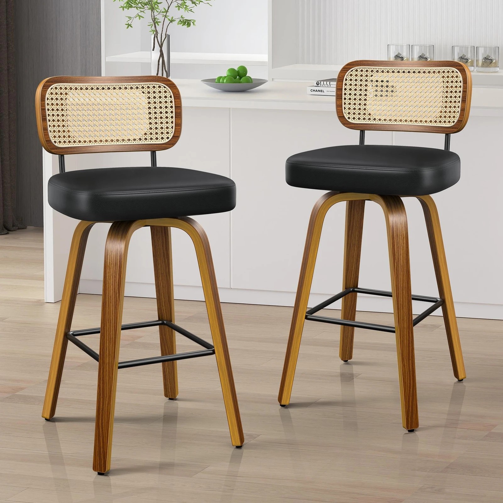 2 Alfordson 2x Bar Stools Kitchen Vintage Leather Seat Rattan Chair - Black, 2 of 9