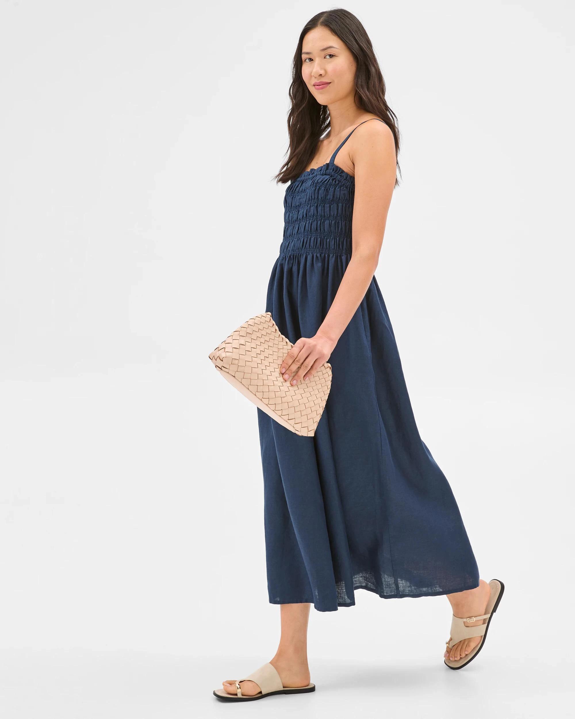 1 Target European Linen Shirred Midi Dress NAVY BLUE, 1 of 6